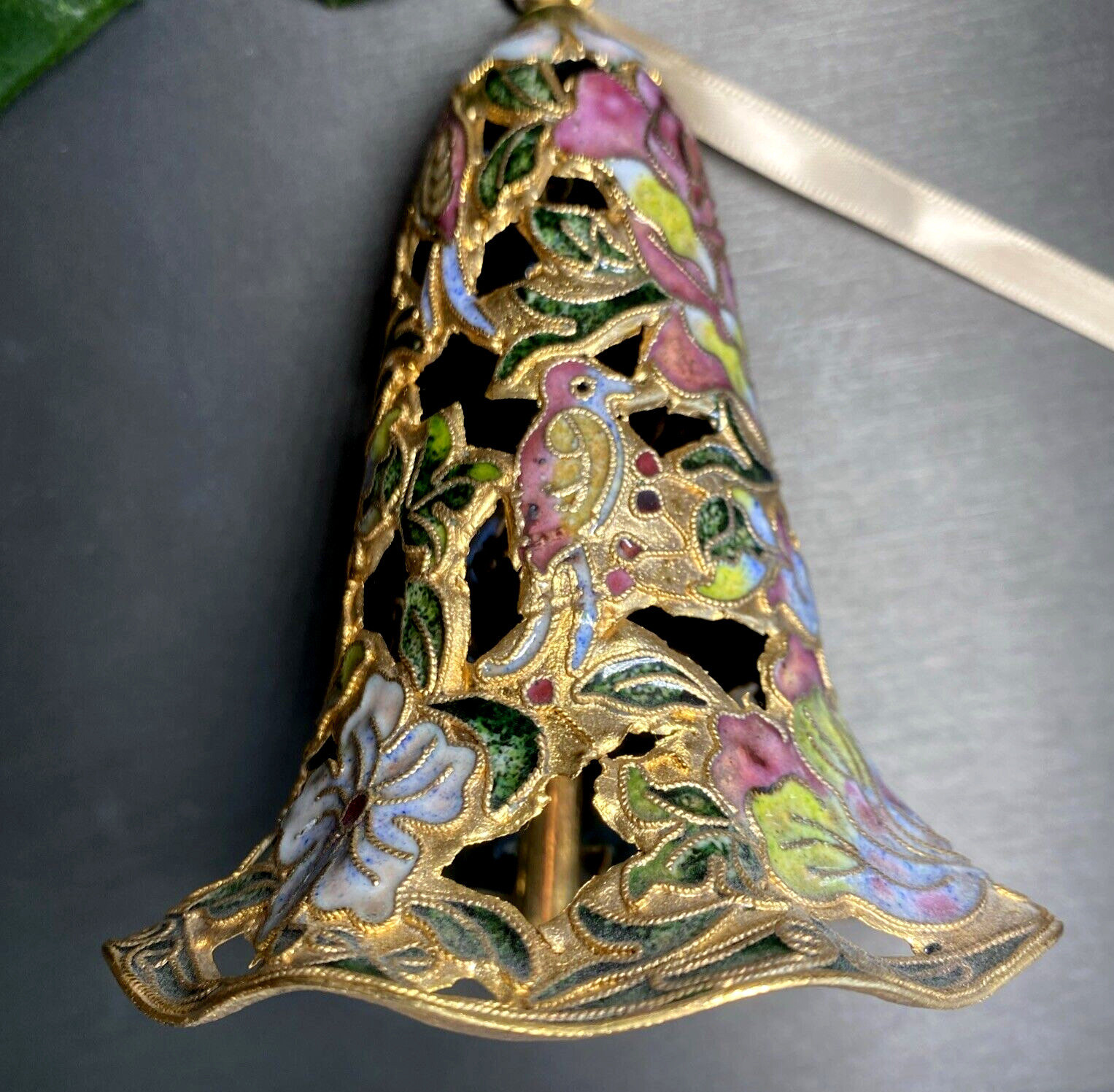 Vintage Bell Cloisonne Enamel Estate Pre-Owned Hand Crafted Bird Flower Pierced