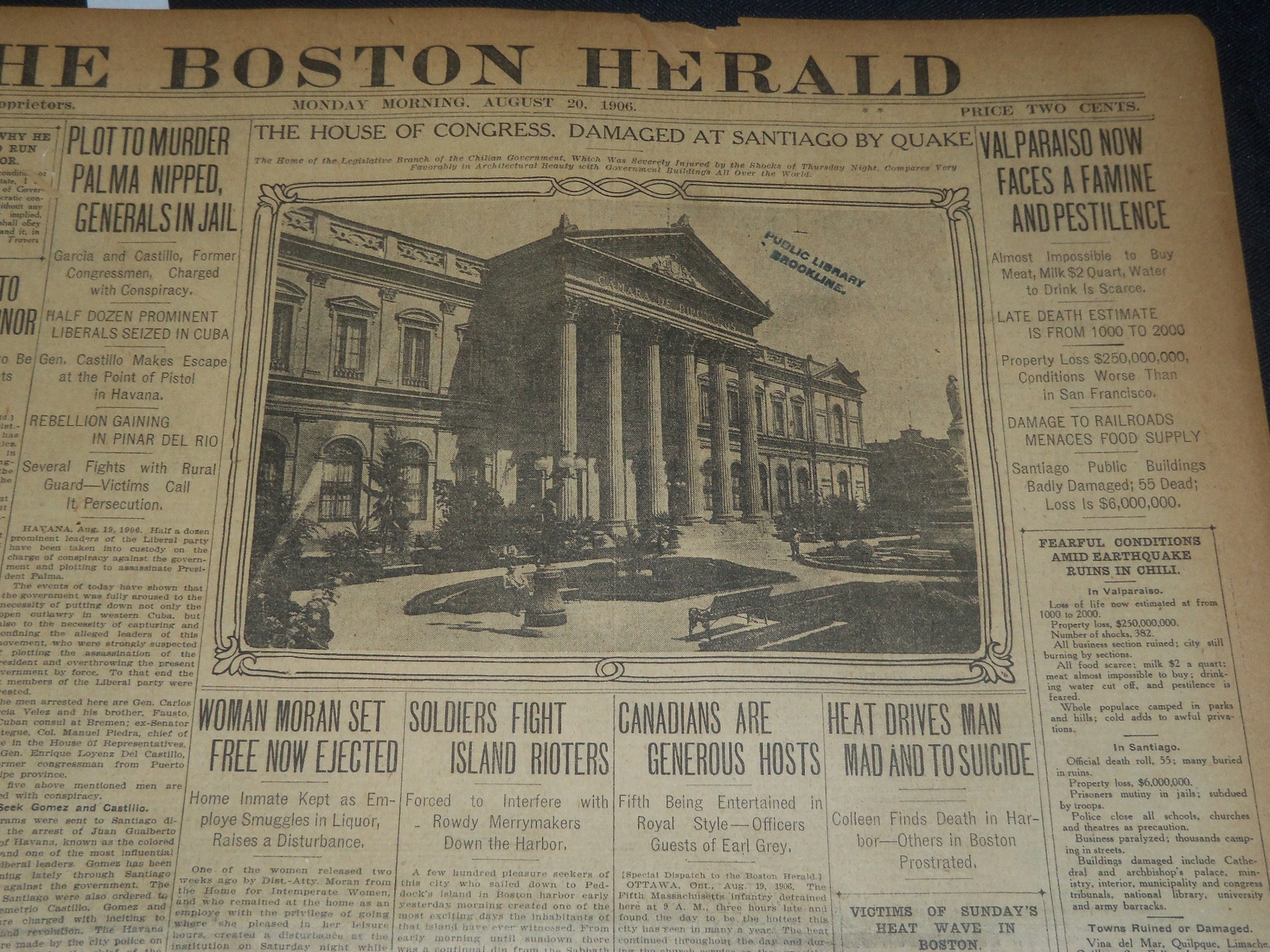 1906 AUG 20 THE BOSTON HERALD - VALPARAISO NOW FACES FAMINE PESTILENCE- BH 108