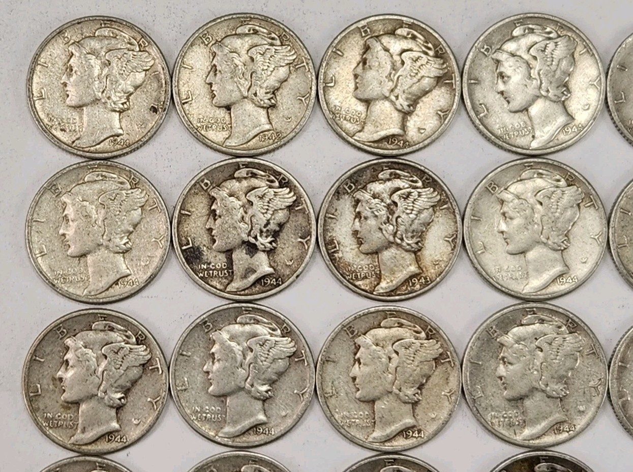 Roll of 50 Silver Mercury Dimes $5 Face Value 90% Silver Coins Mixed Dates ELM1