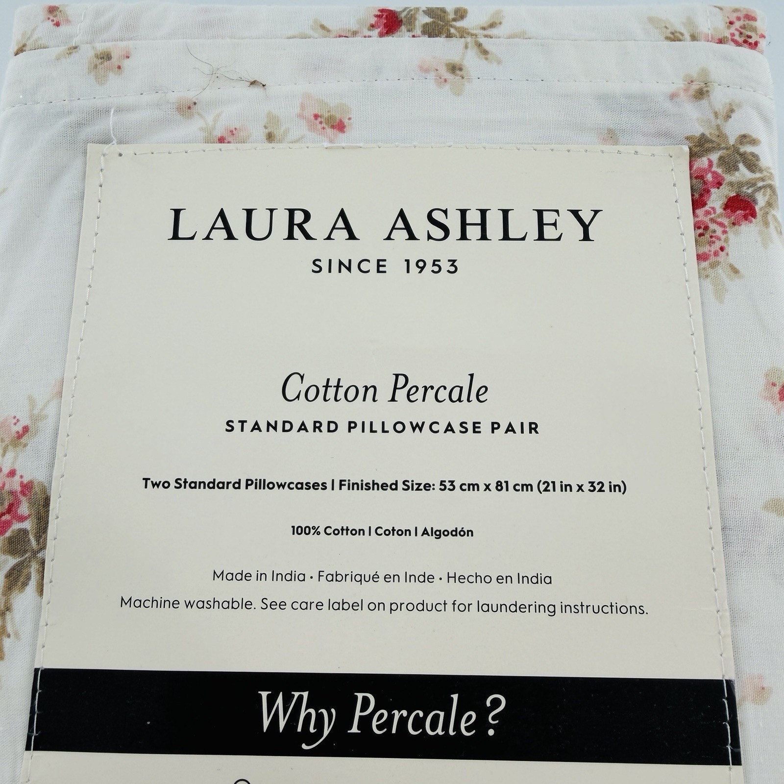 Laura Ashley Dorrie Pink Standard Cotton Percale Pillowcase Floral Cottage Set 2