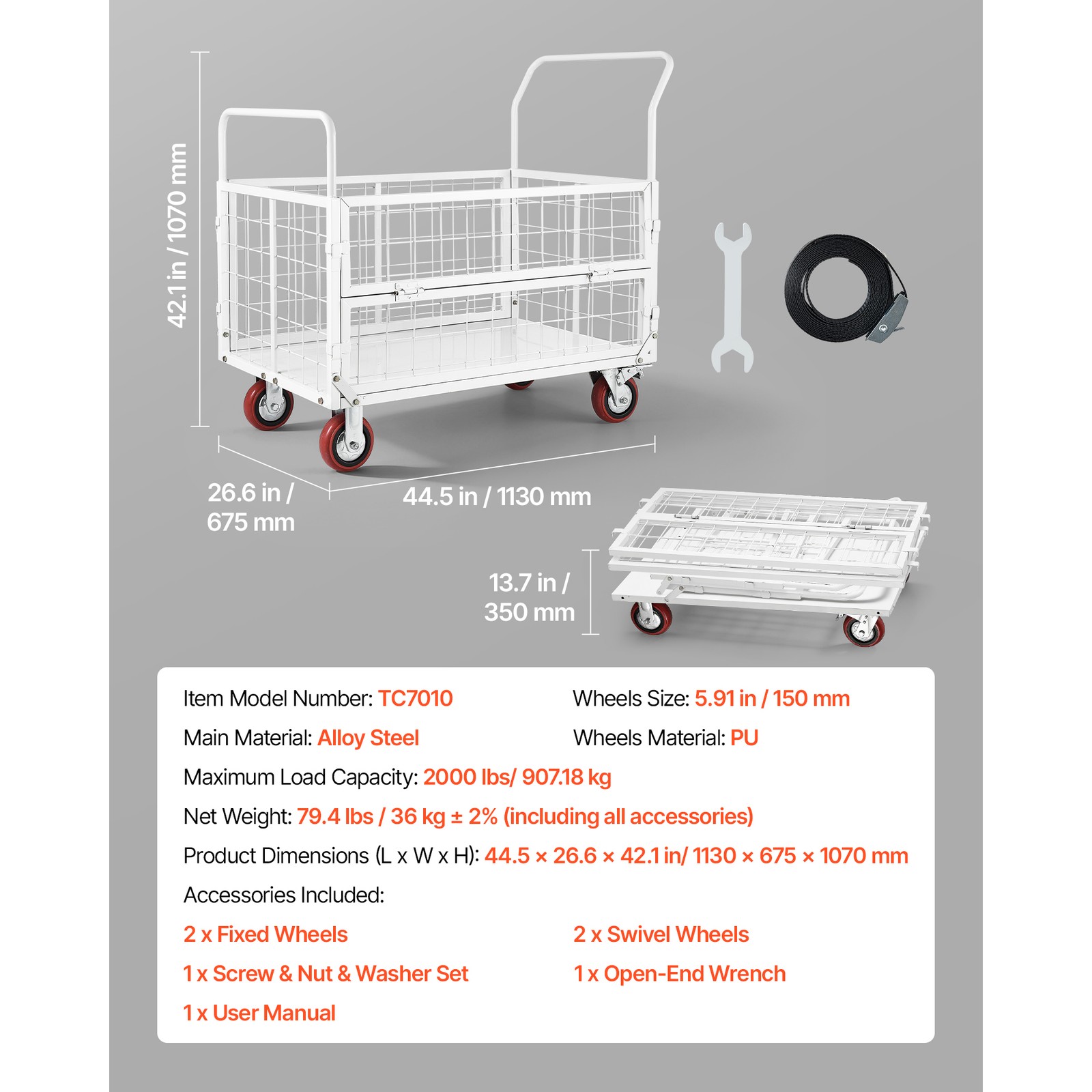 Uimoso Foldable Platform Cart with Cage, 2000 lbs Capacity, 6-in-1 Hand Truck