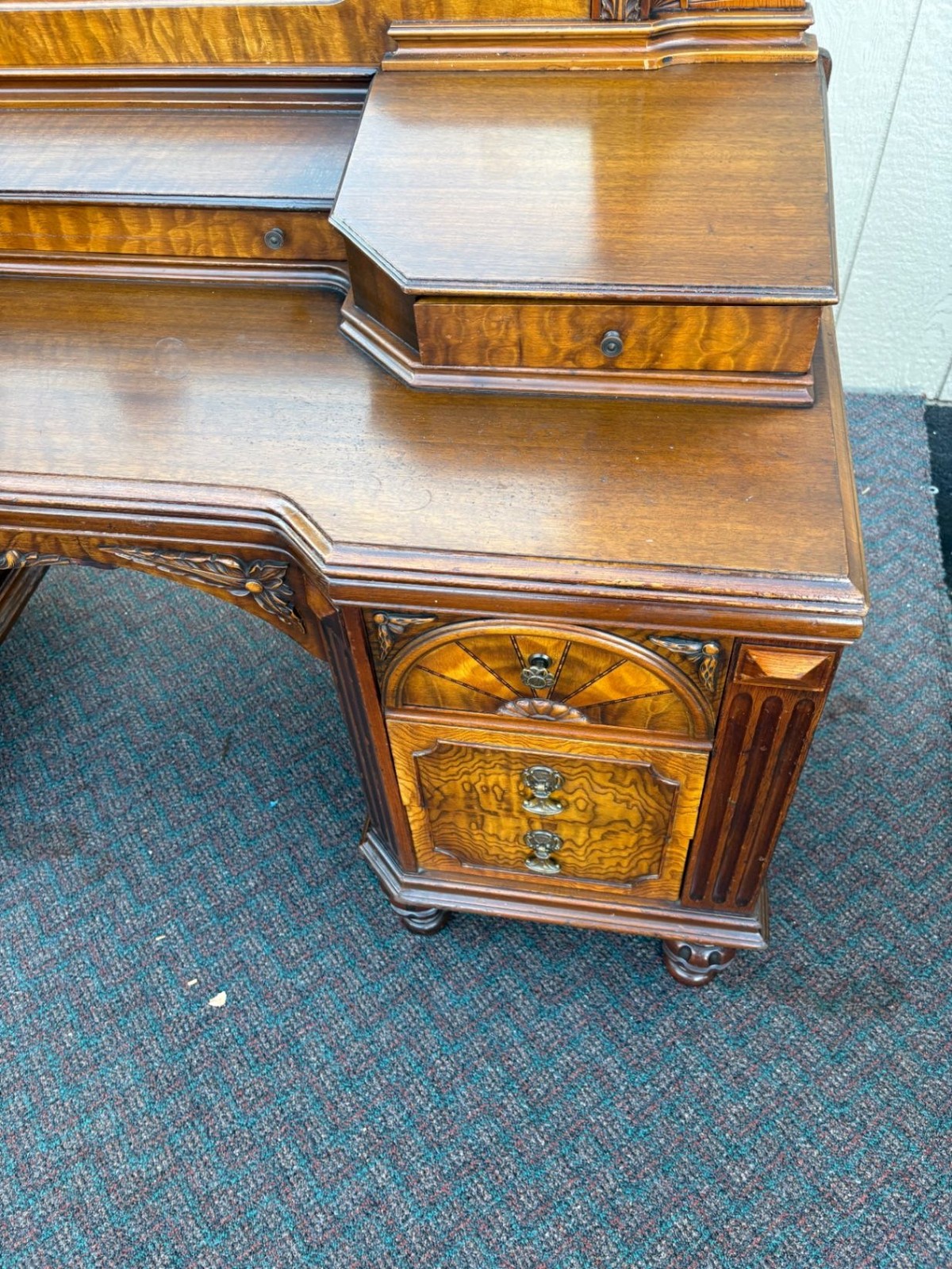 67476 Antique Walnut Vanity with Mirror, Ornate Carving and Drawers