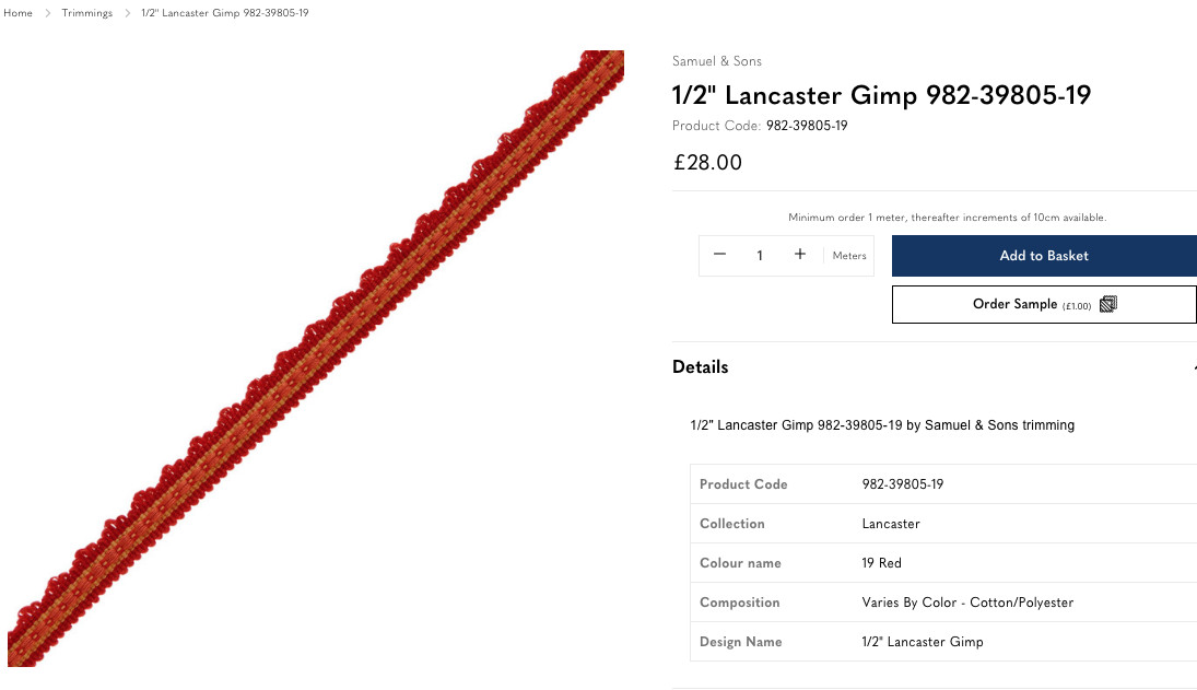 6.56 yds (4pcs=236") Samuel & Sons LANCASTER GIMP Red (Dark Red) 1/2"wide Trim