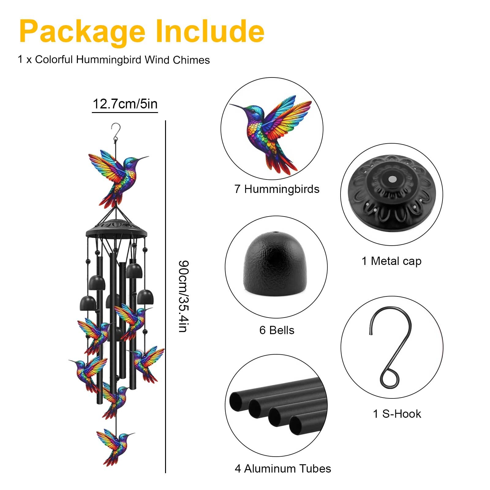 Hummingbird Wind Chimes Outdoor Garden & Yard Decor Black Aluminum Tubes Hanging