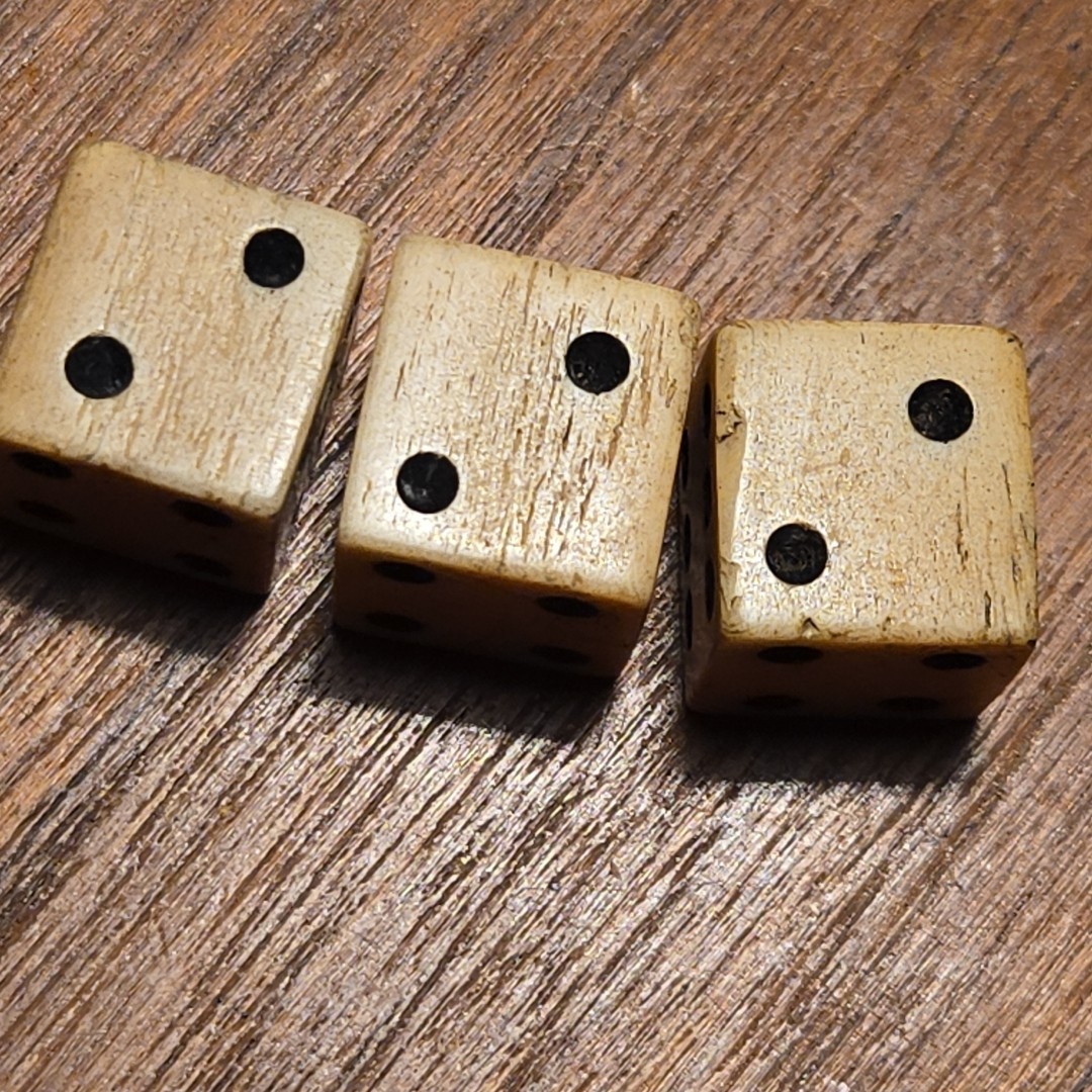 1765 Stamp Act taxed cattle bovine dice with black pips 3 Dice Vintage Hand Cut