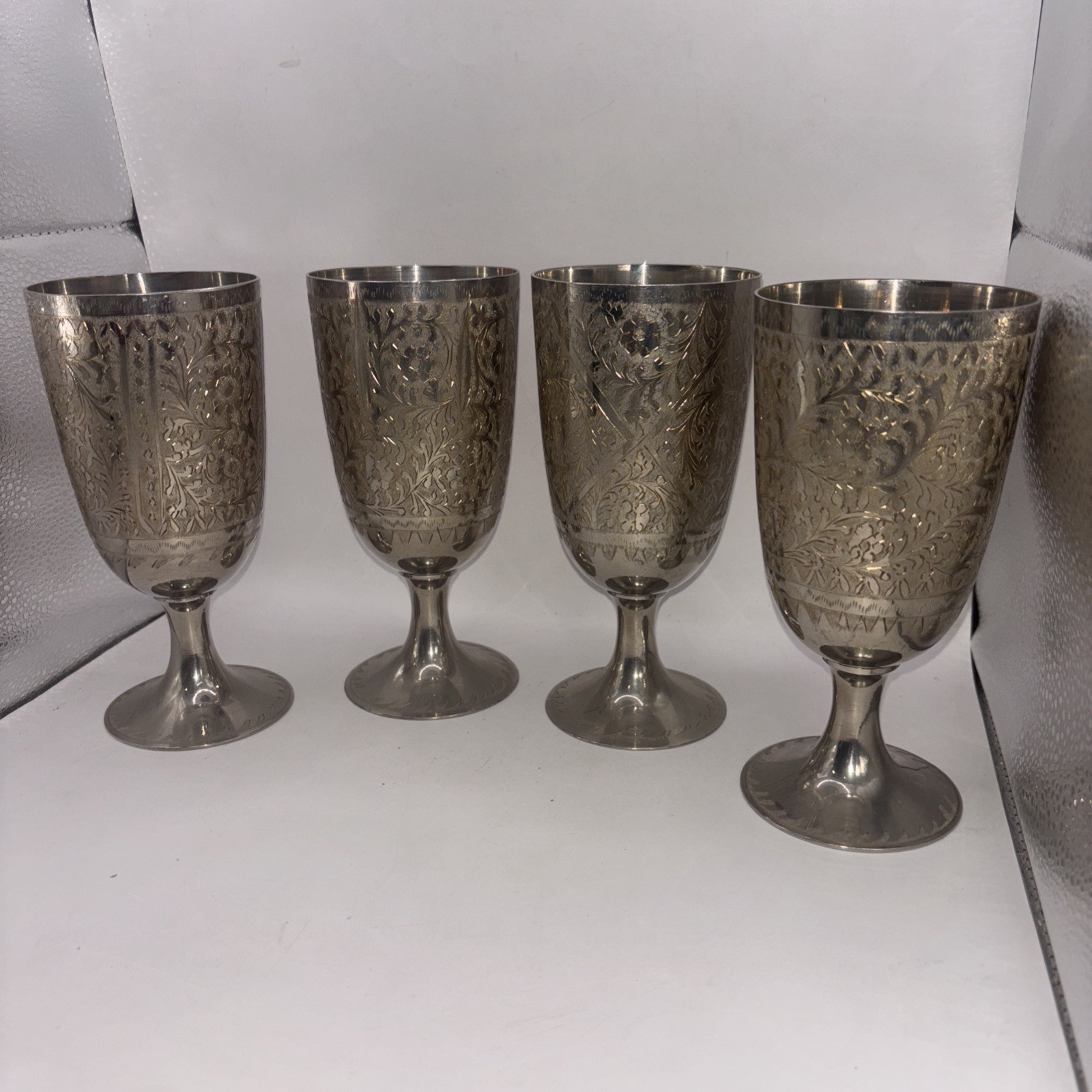 4 ZY India Modern Vine Heavy Wine Goblet Silver Plated 7” Etched Engraved