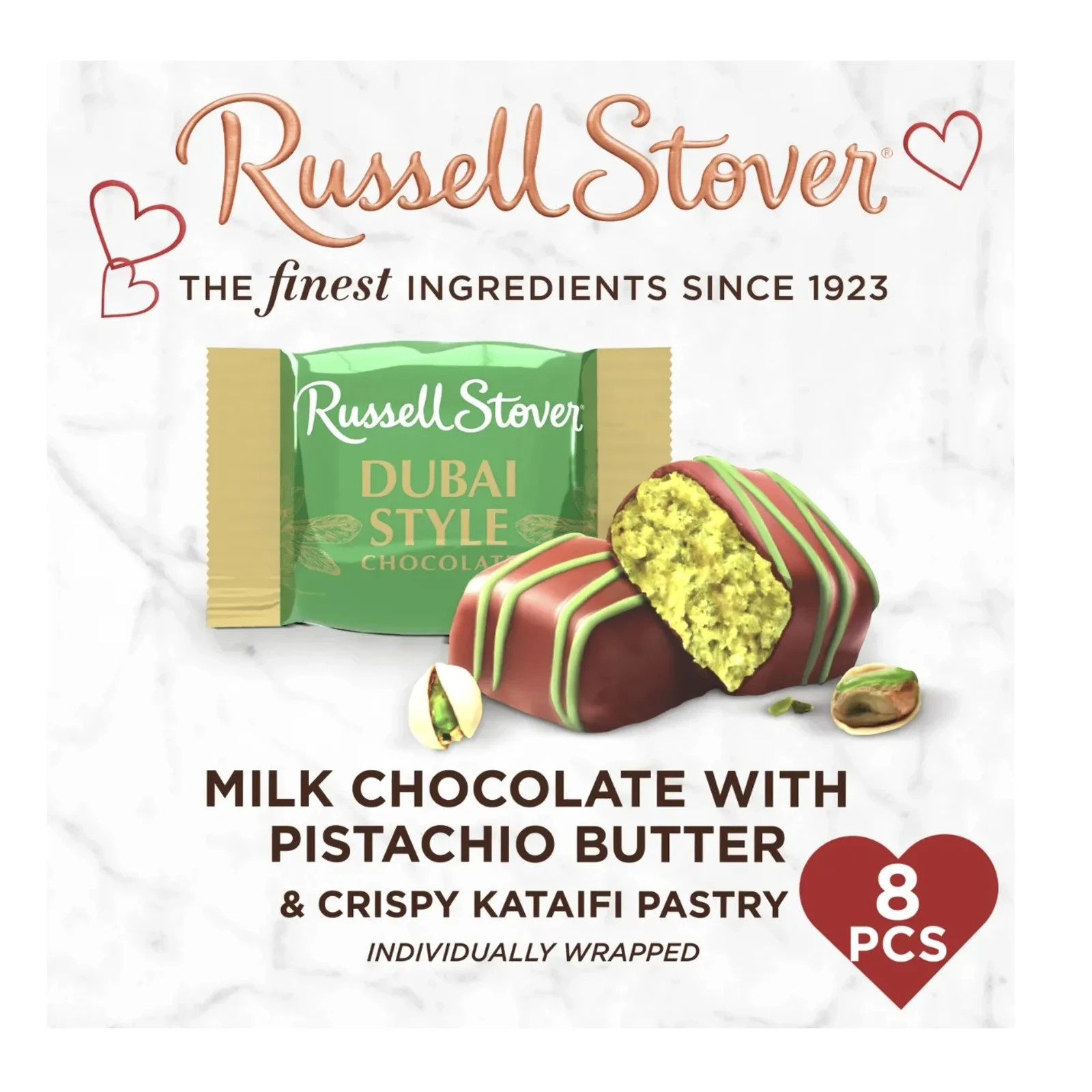 (20) Russell Stover Dubai Style Chocolate Heart Box, Milk Chocolate with Pistach