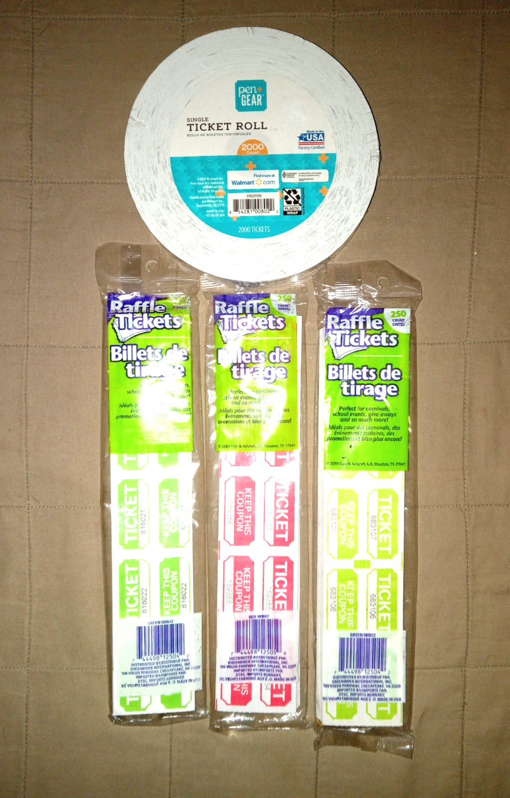 750 Raffle Tickets Flat Double Stub 50/50 & Roll of 2,000 Admit One Tickets