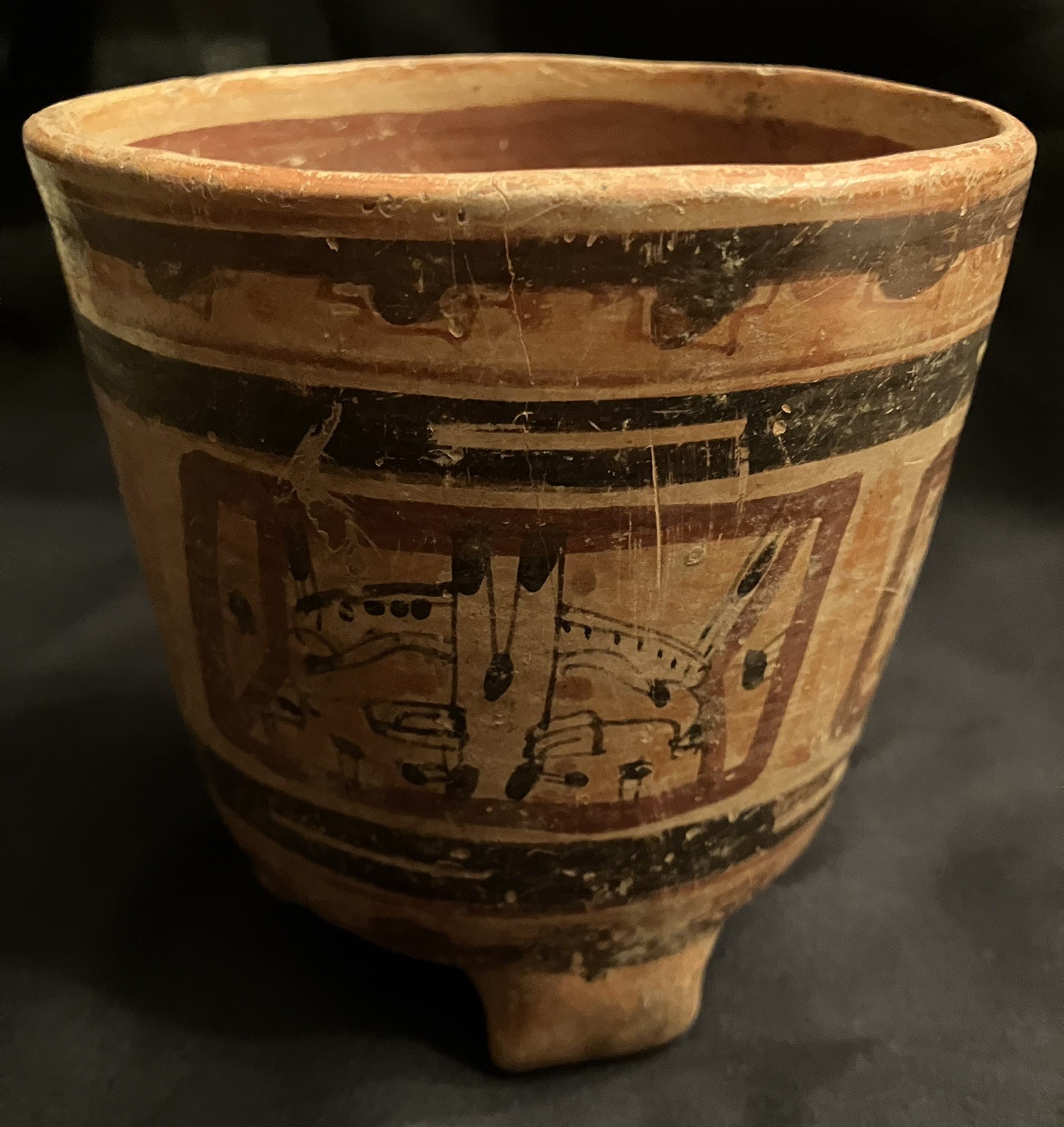 Authentic Pre-Columbian painted Mayan Rattle Leg Ulua Pottery Jar 600-800 AD