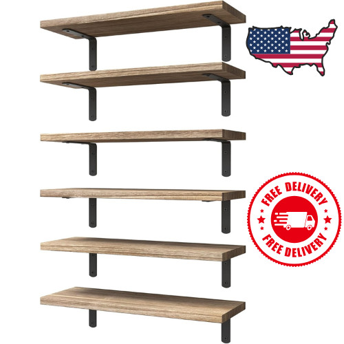 Wood Floating Shelves Set of 6 Shelves for Wall Decor - Rustic Brown