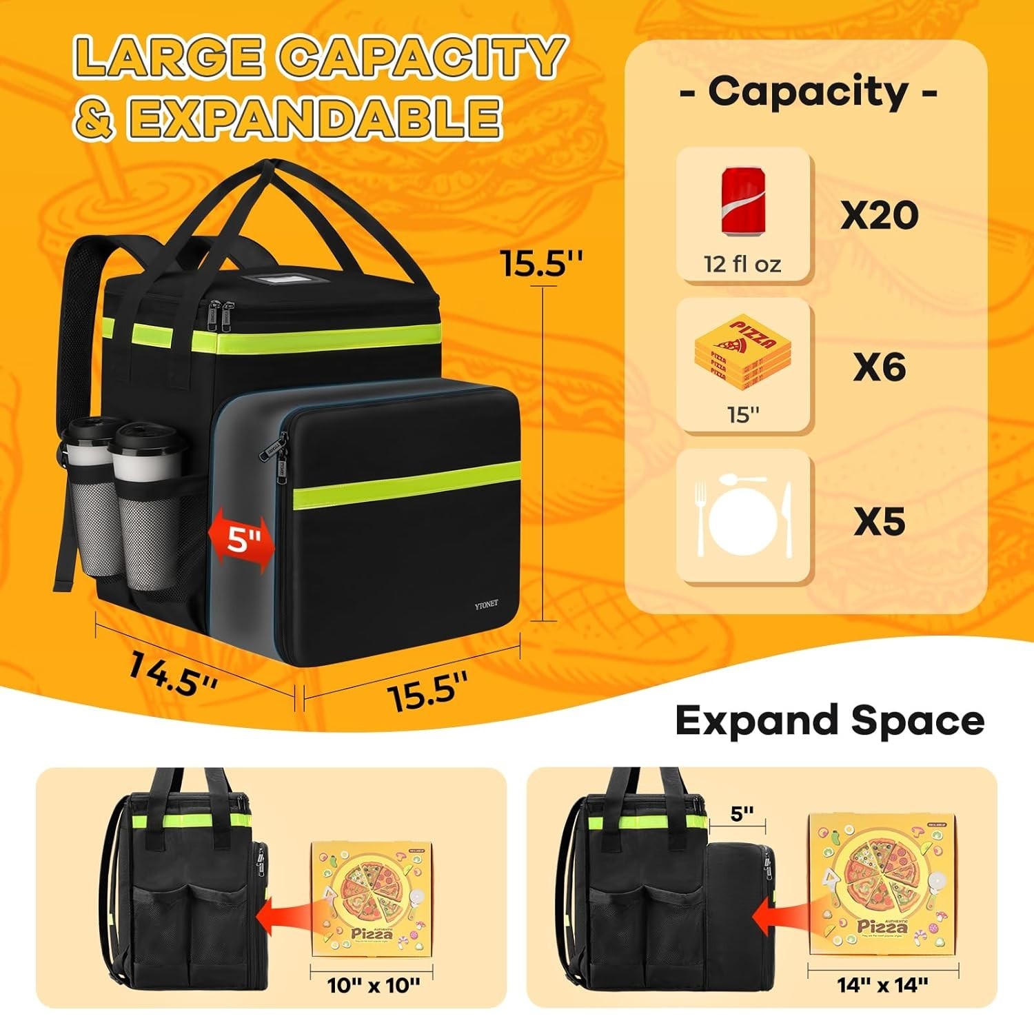 Ytonet Insulated Food Delivery Backpack w/7 Cup Holders Uber Eats Doordash - NEW