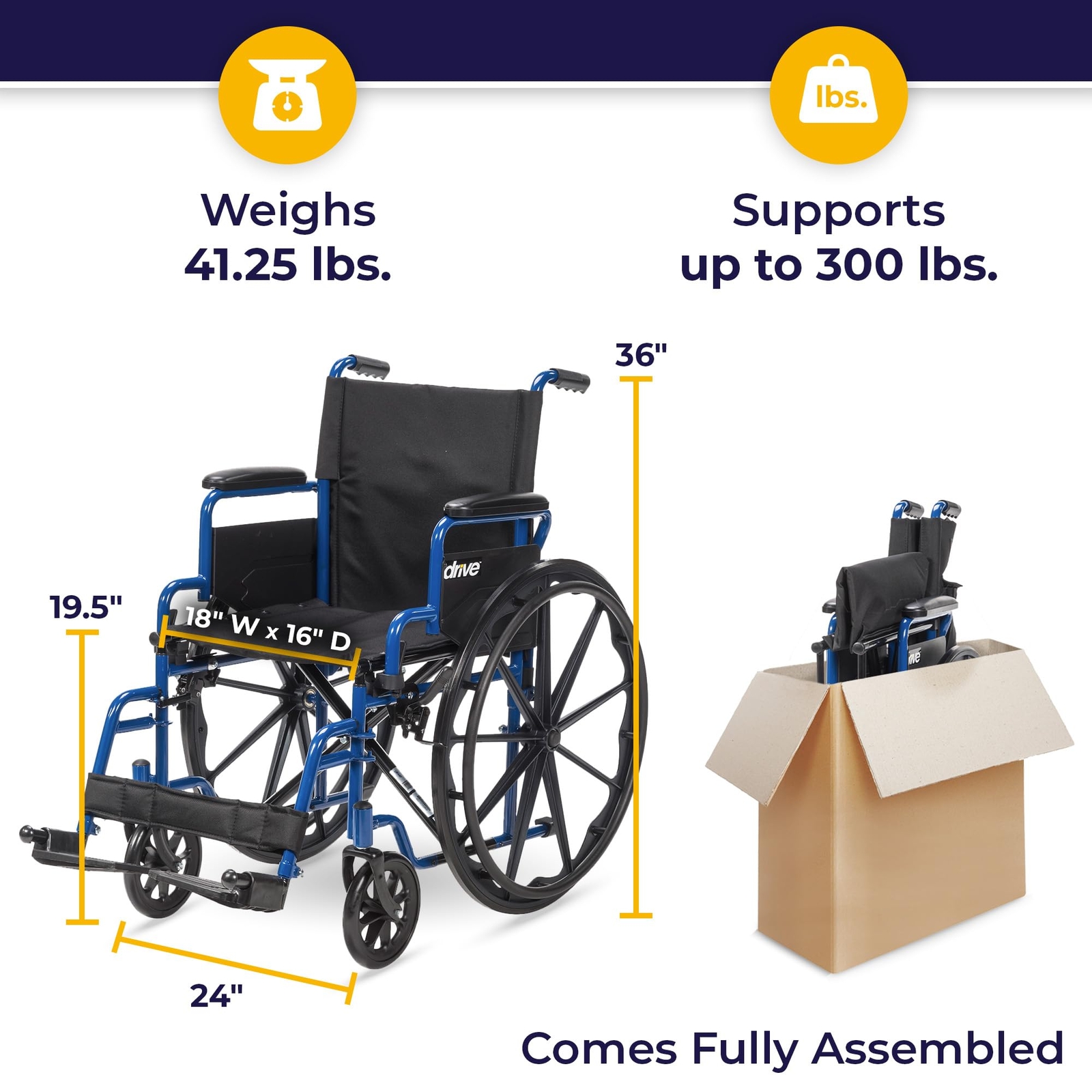 Drive Medical Blue Streak Lightweight Wheelchair with Swing-Away Footrests and