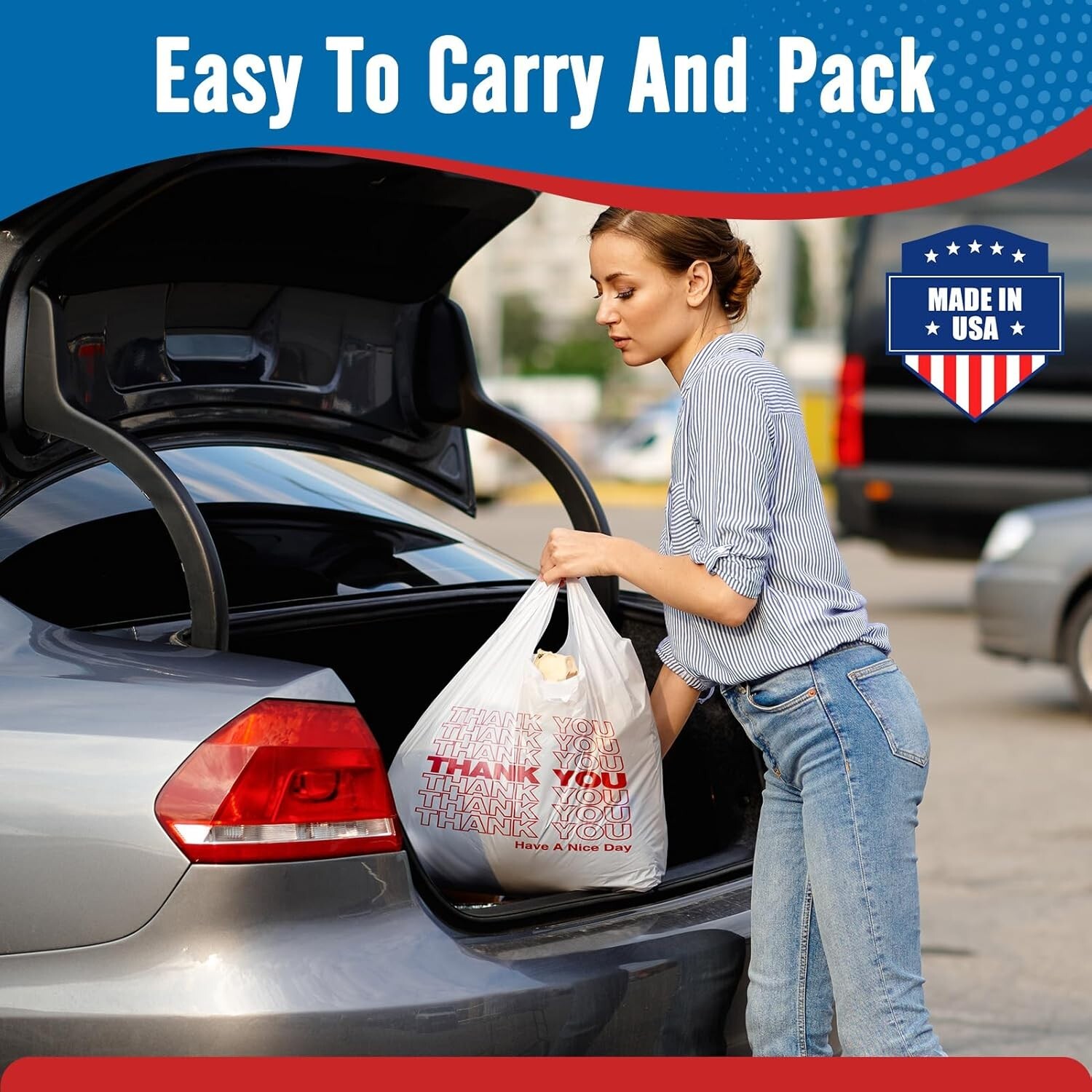 1000 Thank You T-Shirt Bags 12" x 6.5" x 21", Plastic Grocery Shopping Bags