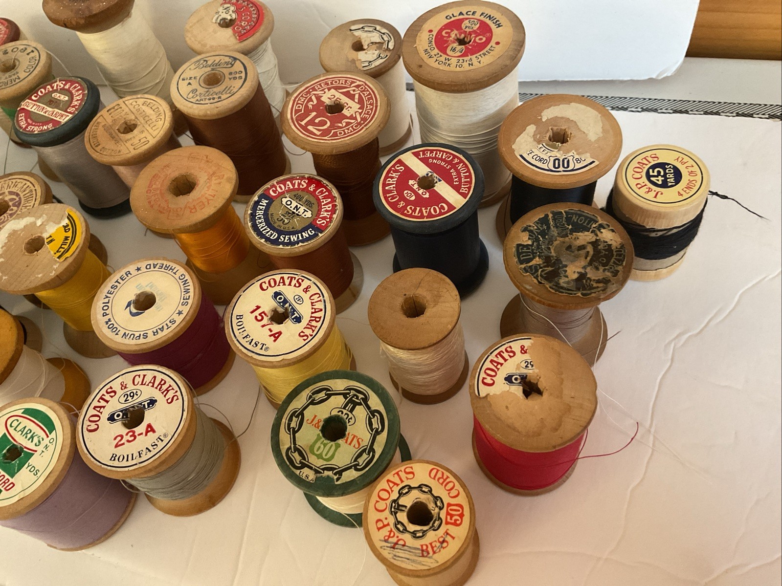 Vintage Lot of 40 Wooden Sewing Thread Spools Crafts Various Brands Full Partial