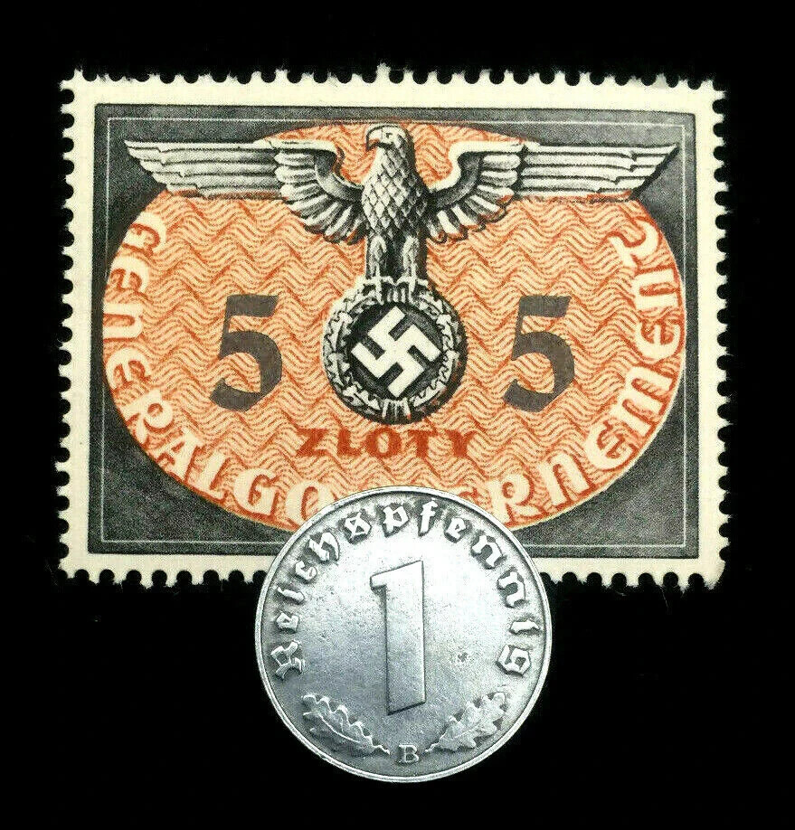 German WWII Rare 1 Rp Zinc Coin (1940-1945) & 5 Zloty Stamp MNH Historical Set