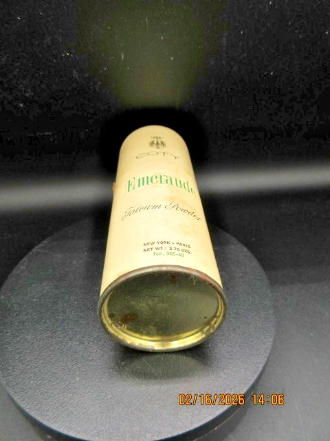Vintage Coty Emeraude Talcum Powder from 1960 with Powder Still In It Metal Top