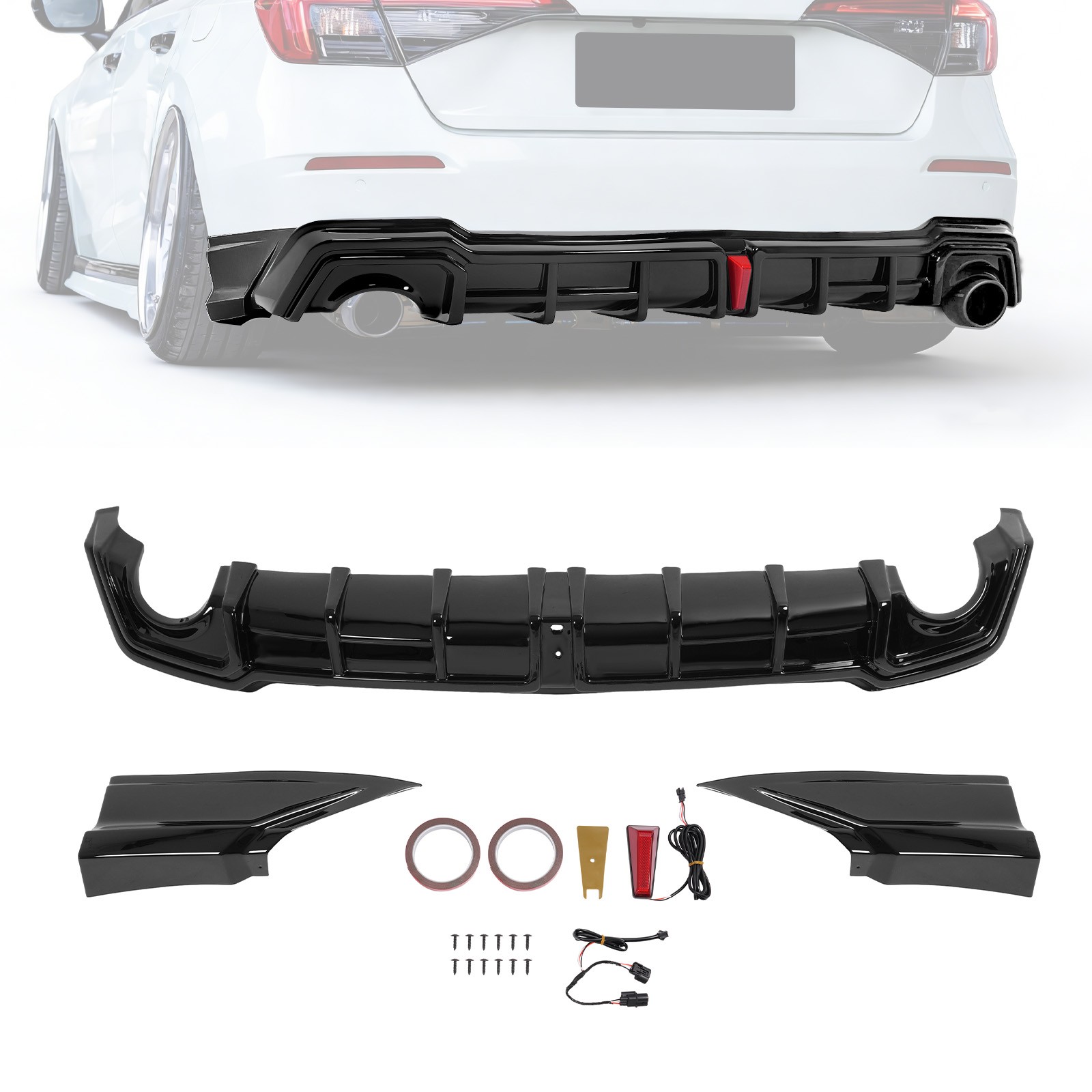 Rear Diffuser w/LED Light + Corner Spats Gloss Black For 2022-2026 Honda Civic
