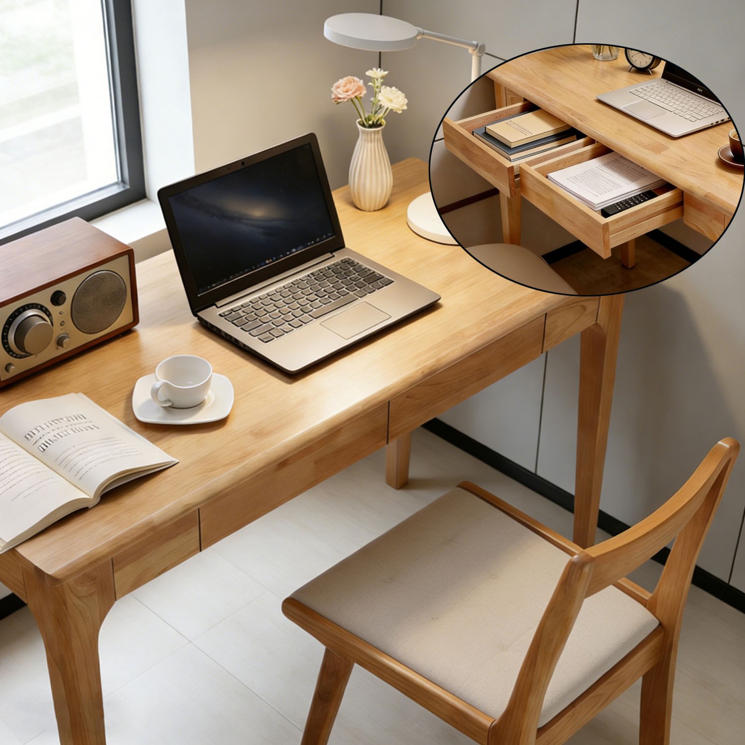 Solid Wood Desk with Drawers, Standing Desk with Smooth Edges, Home Office Desk