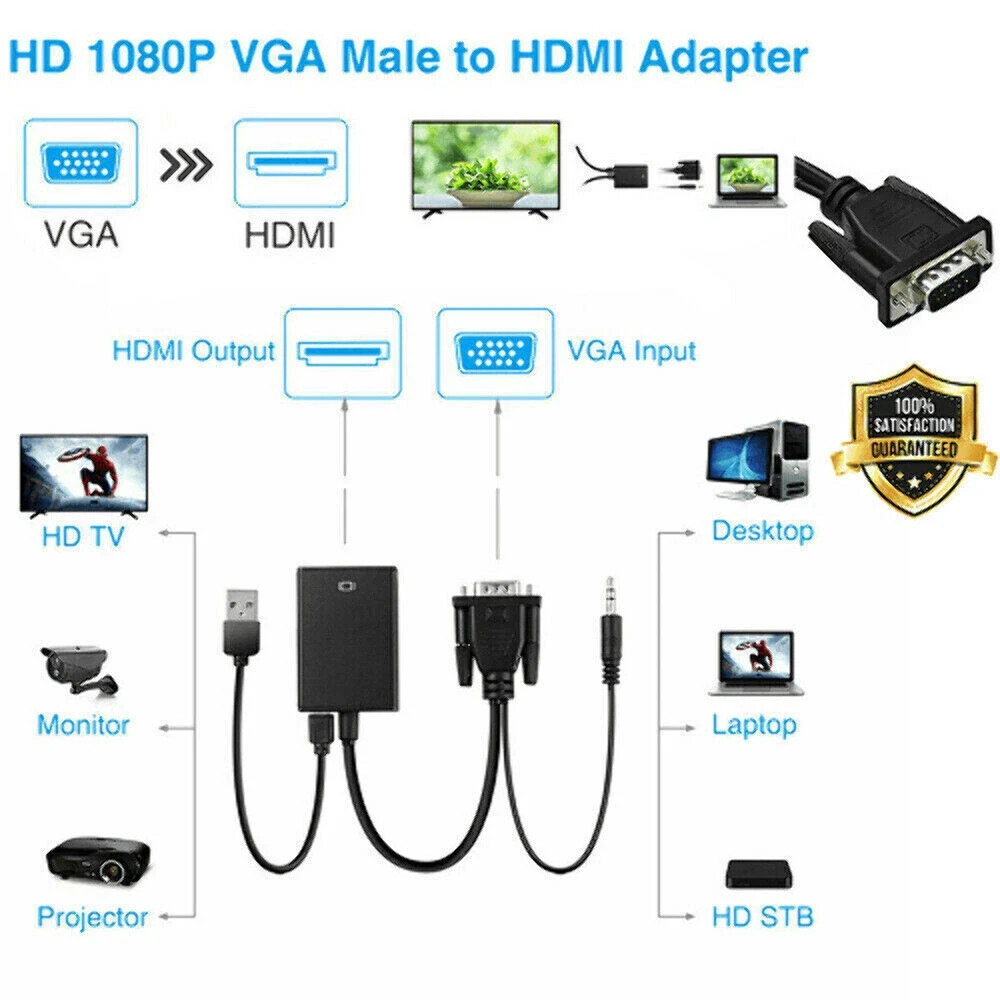 LOT VGA To HDMI Converter 1080P HD Adapter With Audio Cable For HDTV PC Laptop