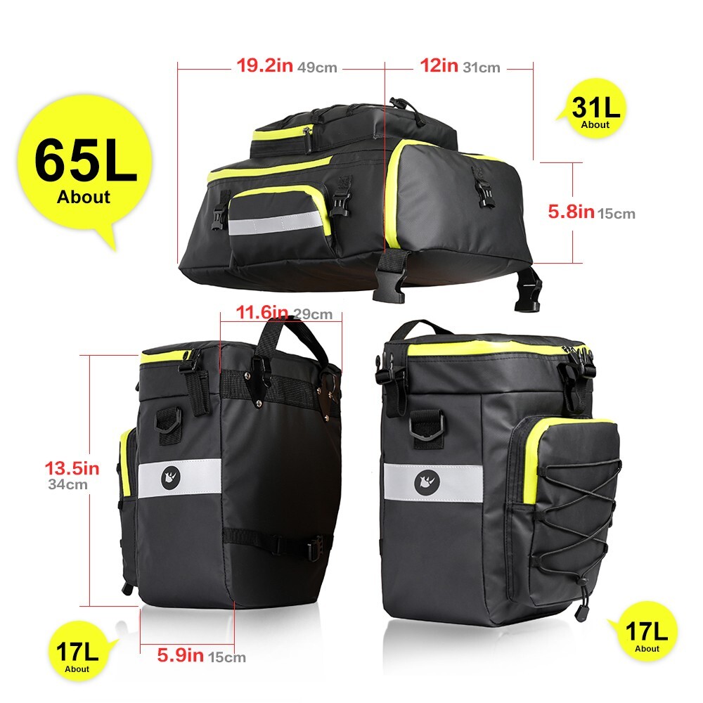 Rhinowalk 65L Bike Pannier Bag Waterproof 3 IN 1 Set Bicycle Rear Rack Saddle