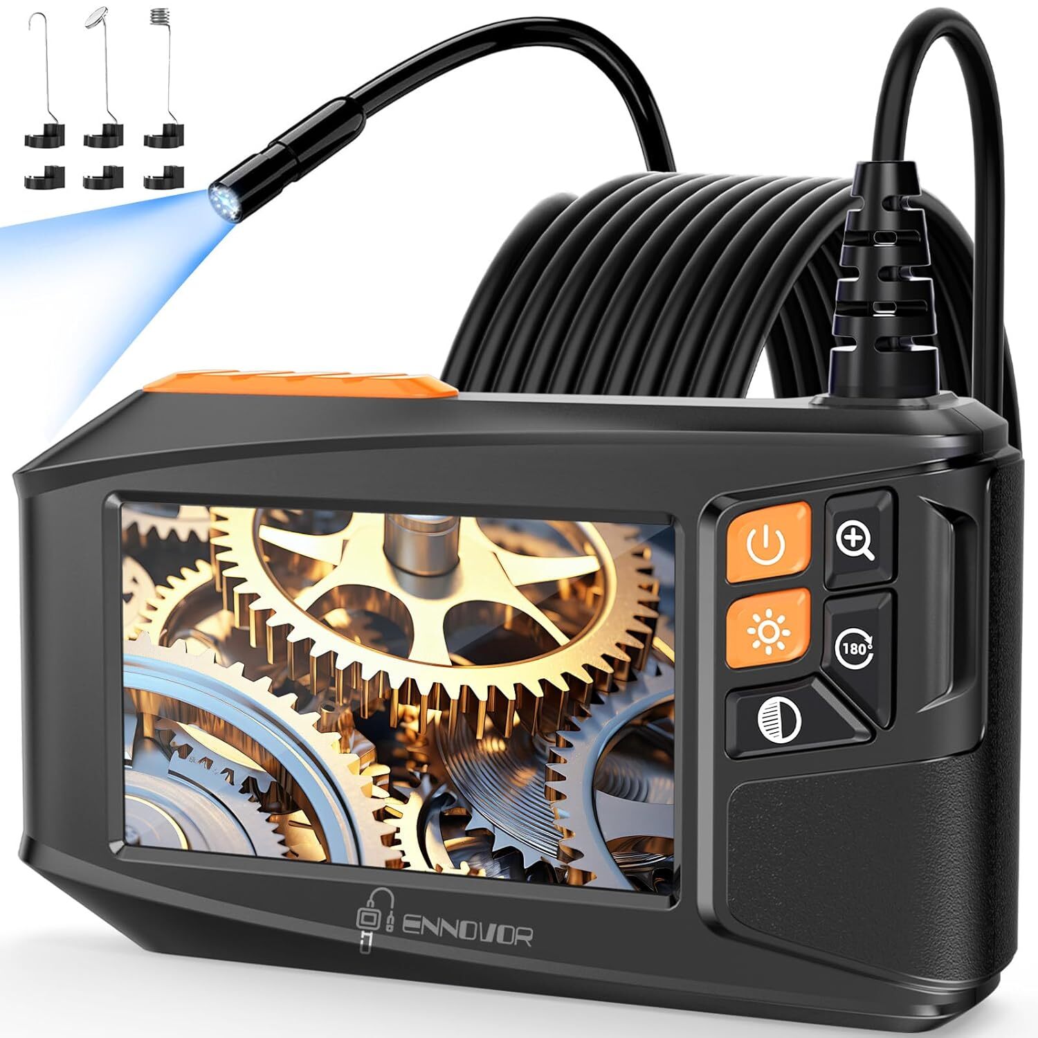 Industrial Borescope Camera - 8 Adjustable LEDs, Semi-Rigid Cable for Mechanics