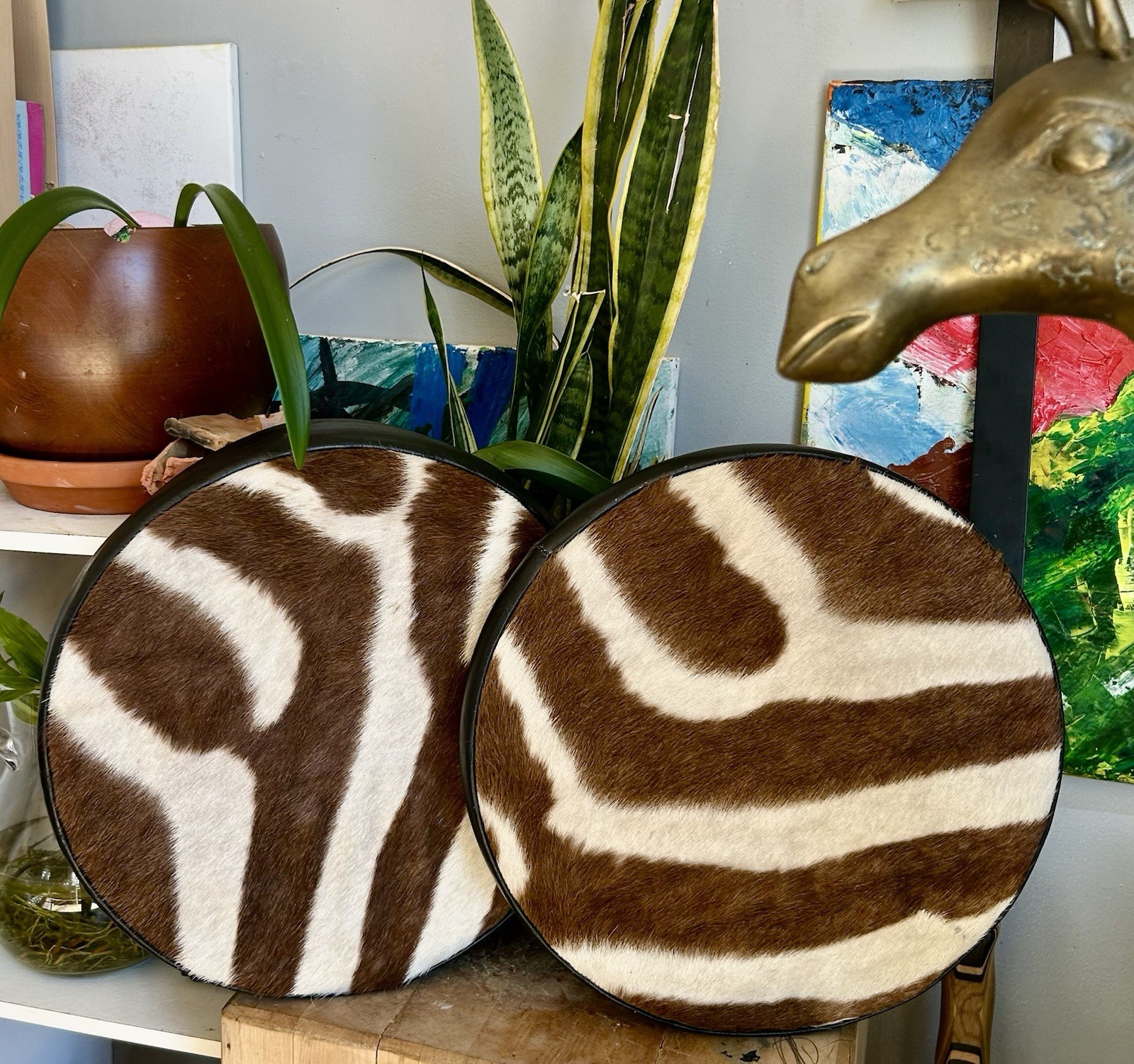 Pair of Vintage Authentic Zebra Hide Cushions - Safari African Animal Round 14”