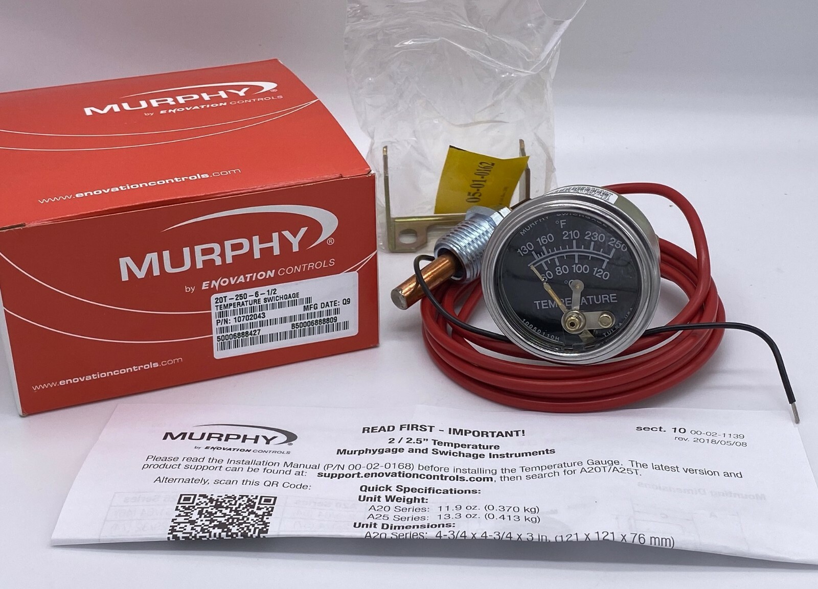 6FT MURPHY 20T-250-6-1/2 250 DEGREE TEMPERATURE GAUGE FOR EQUIPMENT & CHIPPERS