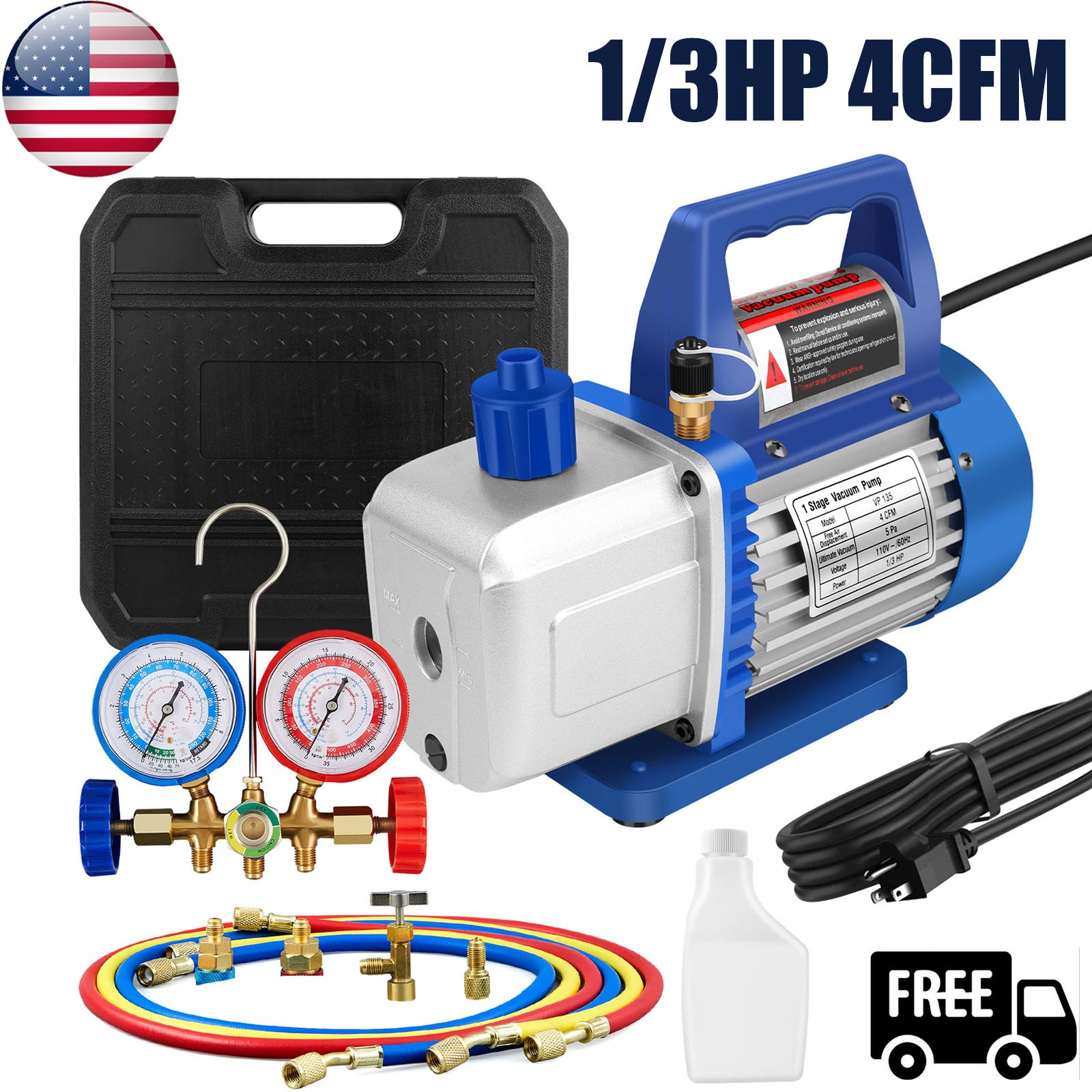 4 CFM 1/3HP Air Vacuum Pump HVAC Manifold Gauge Set AC A/C Refrigeration Kit US