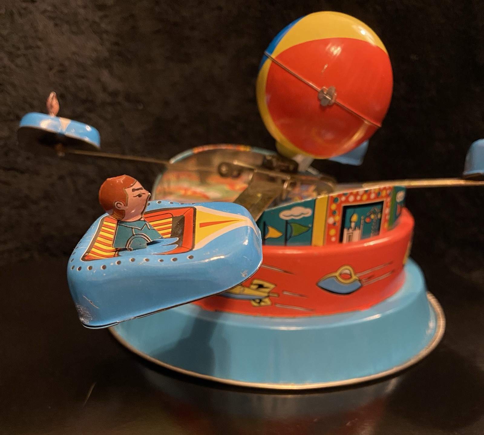 Vintage M.G.R.S. Merry Go Round Series Tin Litho Amusement Park Wind-up Spin Toy