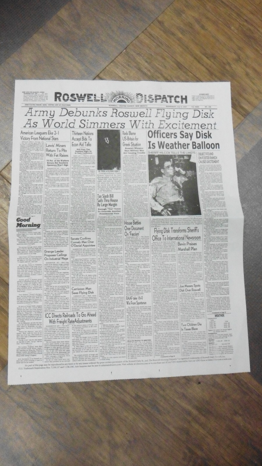 (A54-A) July 9 1947 ROSWELL DISPATCH Crash Newspaper Front Page UFO Disk Alien