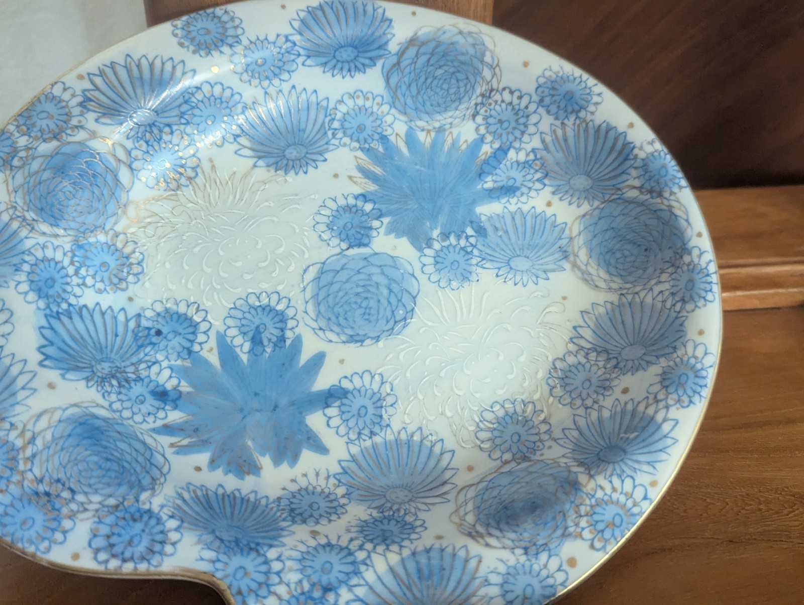 Vtg Kutani Gold Chrysanthemum Flower Japan Blue Trinket Dish Ashtray MCM Art