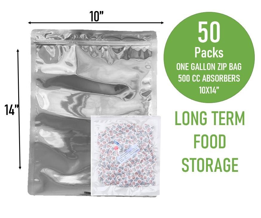 (50PC) 1 Gallon Mylar Bags Zip Seal Reusable Food Storage+500CC Oxygen Absorbers