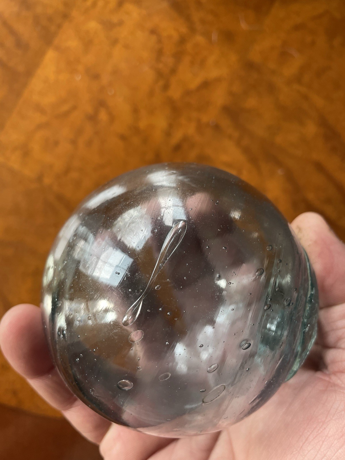 Antique Glass Fish Net Float With Rope Marks Teal Blue Color Wide Pontil