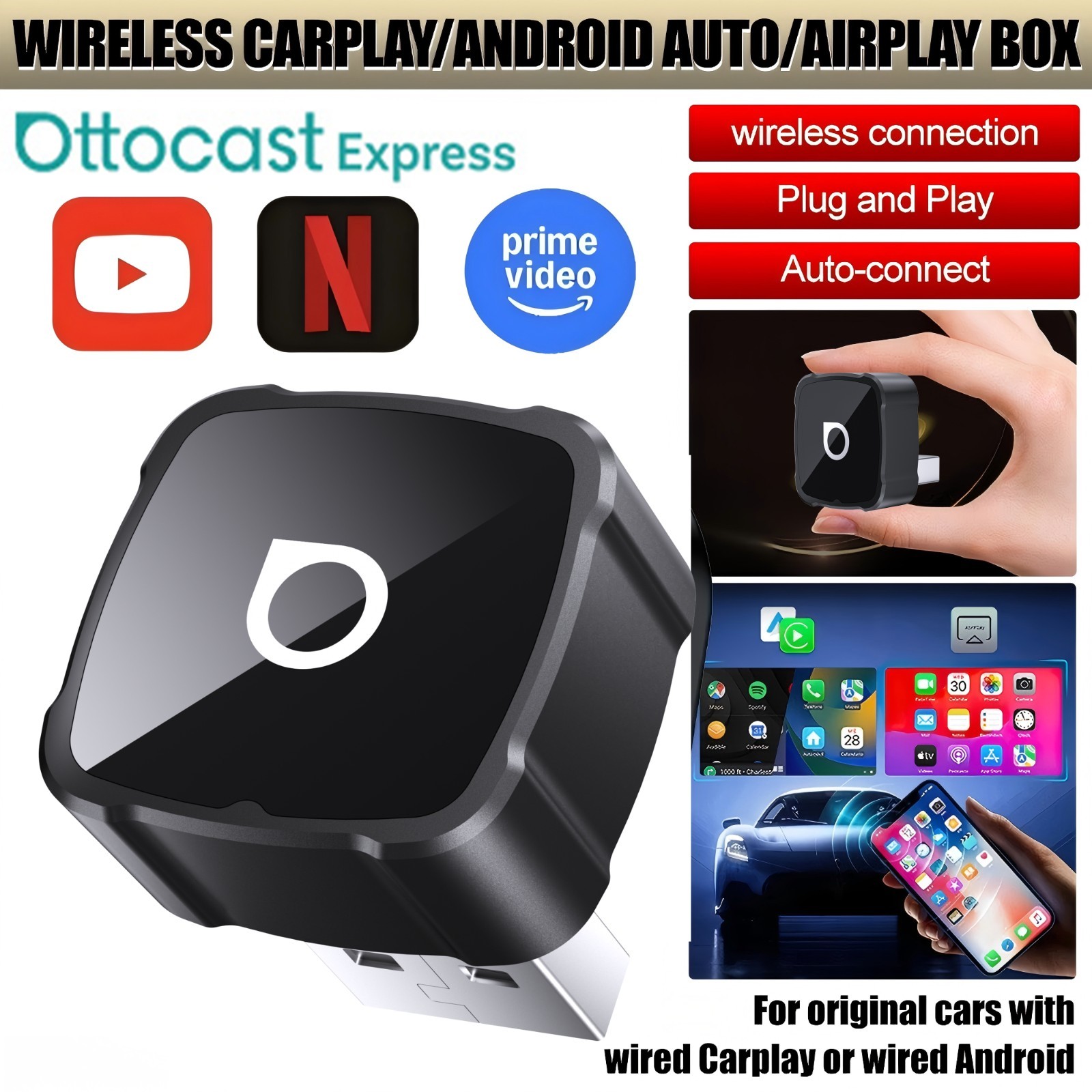 Ottocast 2026 Mini Cube 3IN1 Wireless Carplay & Android Auto & Mirroring Airplay
