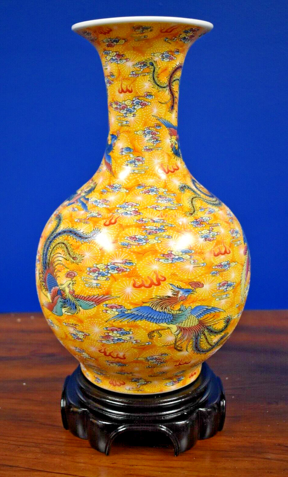 14" YELLOW PHOENIX VINTAGE NOS CHINESE JINGDEZHEN PORCELAIN VASE W/STAND 16"