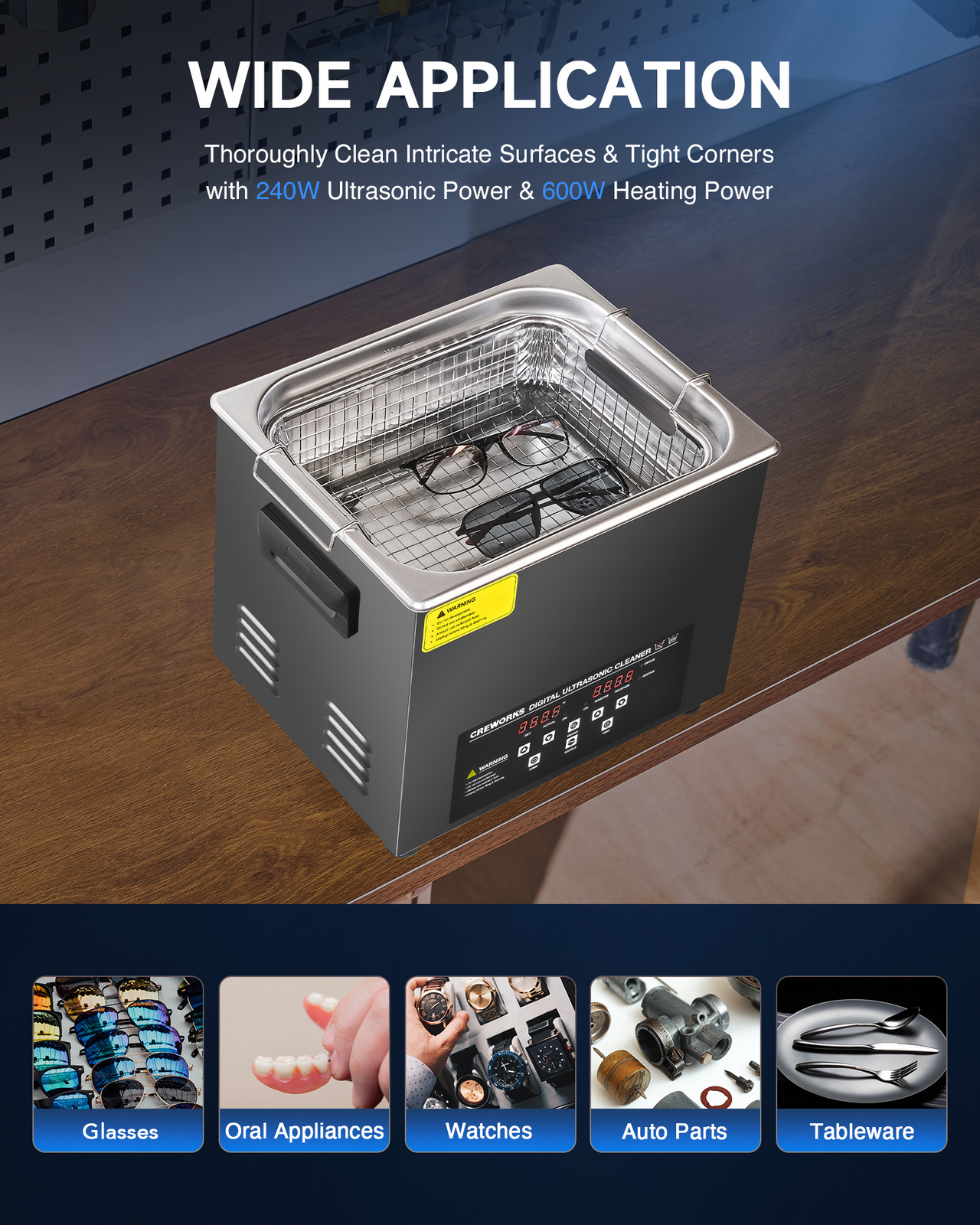 CREWORKS Titanium Steel Ultrasonic Cleaner 10L Timed Digital Cleaning Equipment