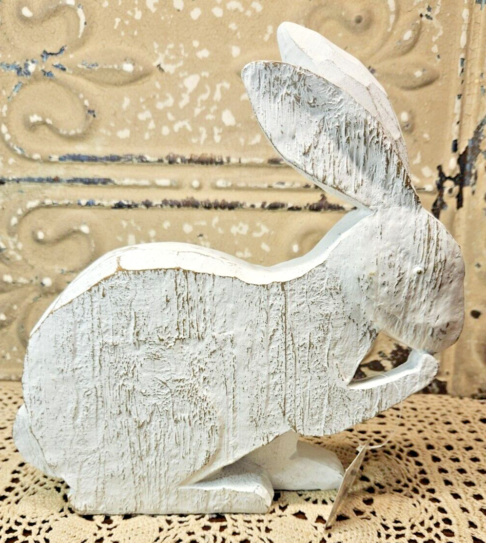 NWT Primitive White Distressed Bunny Rabbit Easter Spring Decor Carved Wood Look