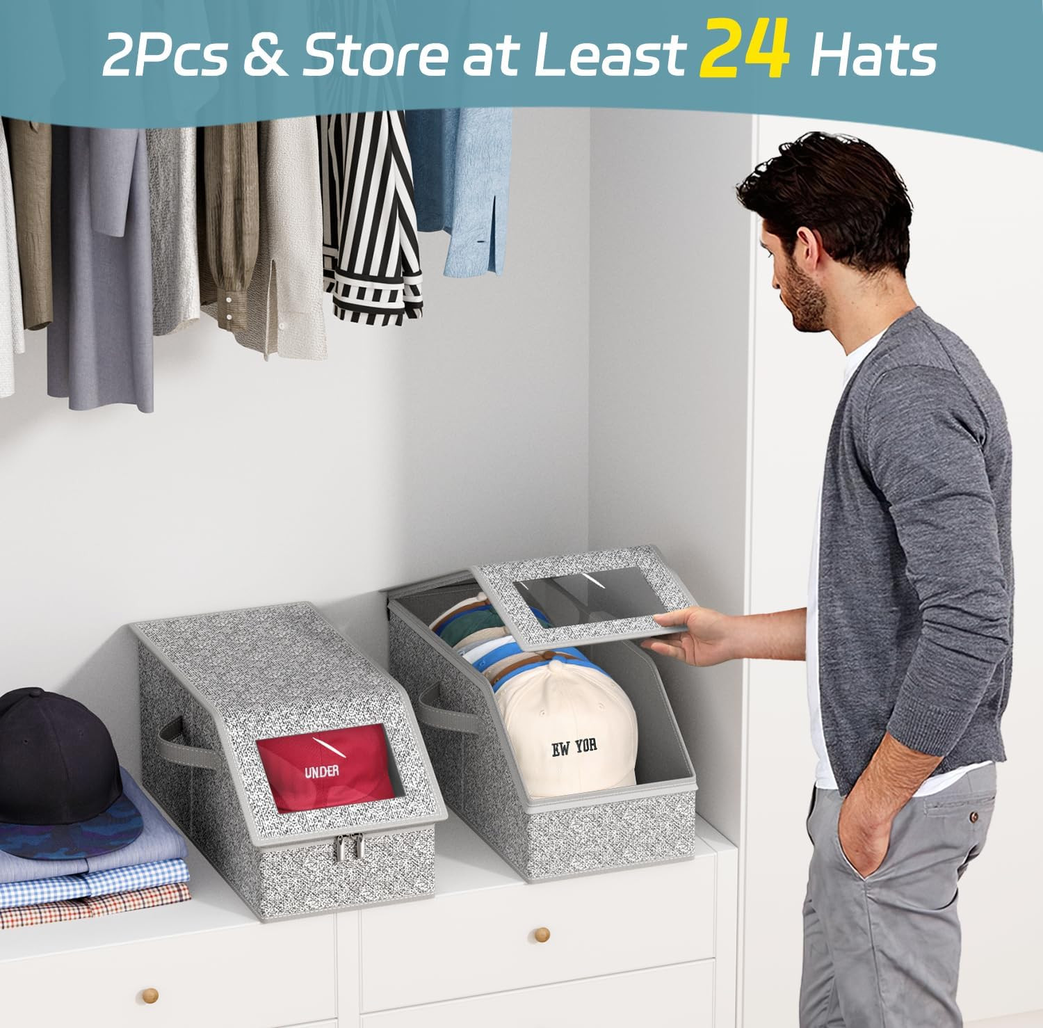 2 PCS Stackable Hat Storage for Baseball Caps, Holds up to 24 Caps Hat Organizer