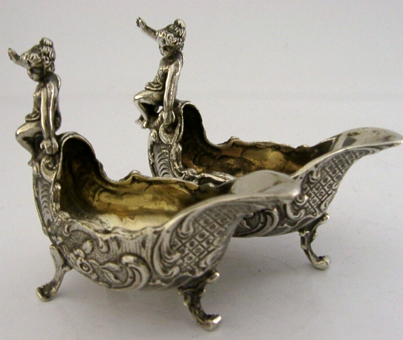 SUPERB CAST HANAU SOLID STERLING SILVER CHERUBS SALT CELLARS c1900 ANTIQUE
