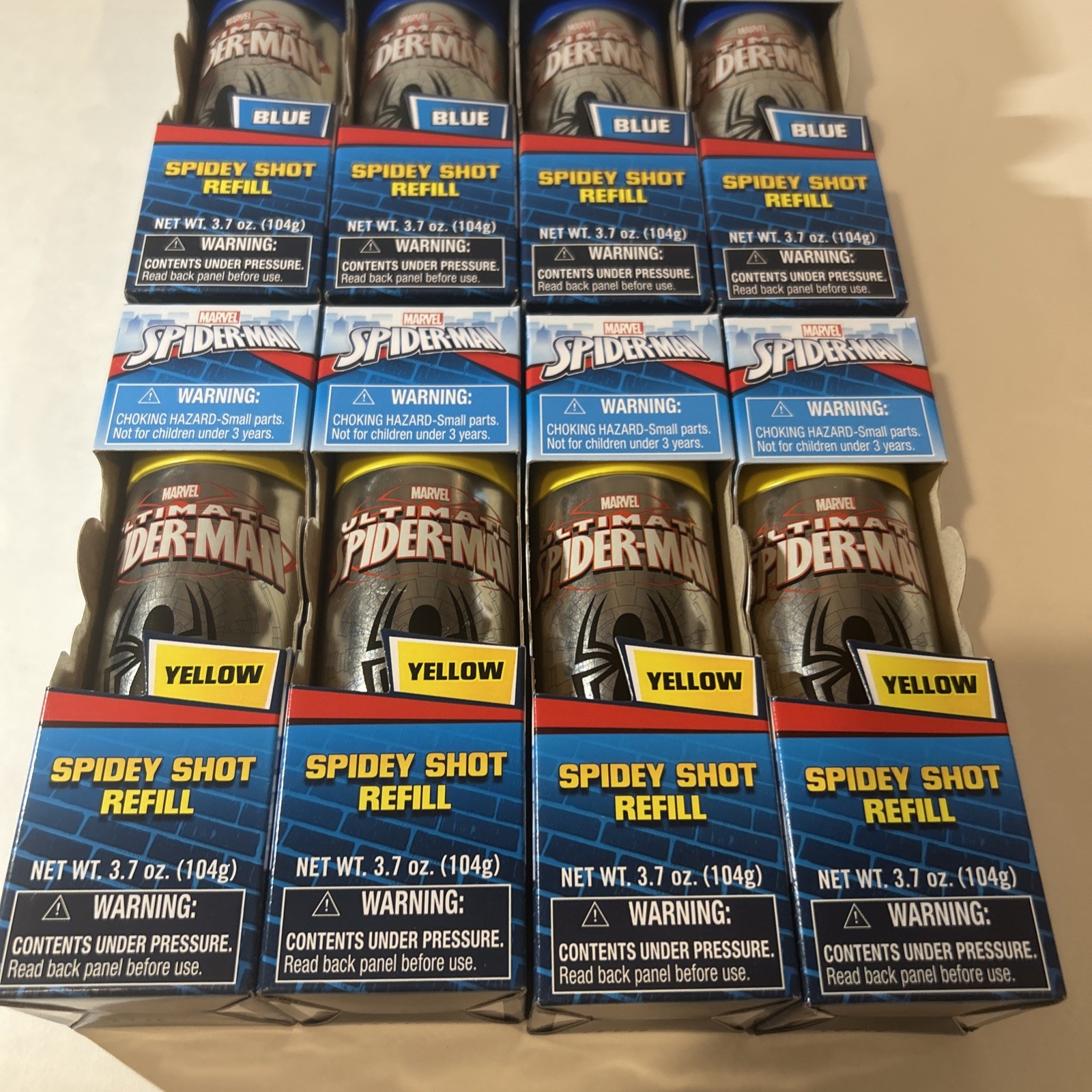 8-Ultimate Spiderman Shot Web Fluid Refill-4Yellow/ 4 Blue -New!!!