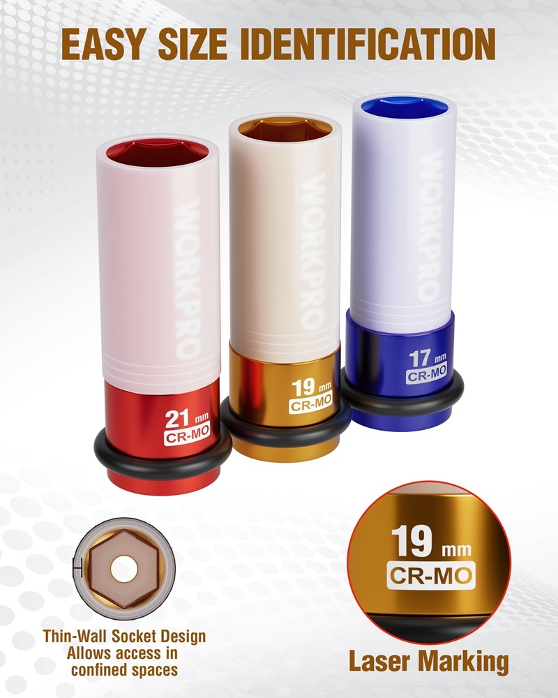 WORKPRO 1/2" Drive Lug Nut Impact Duty Socket 19mm Deep Thin Wall Socket 6 Point