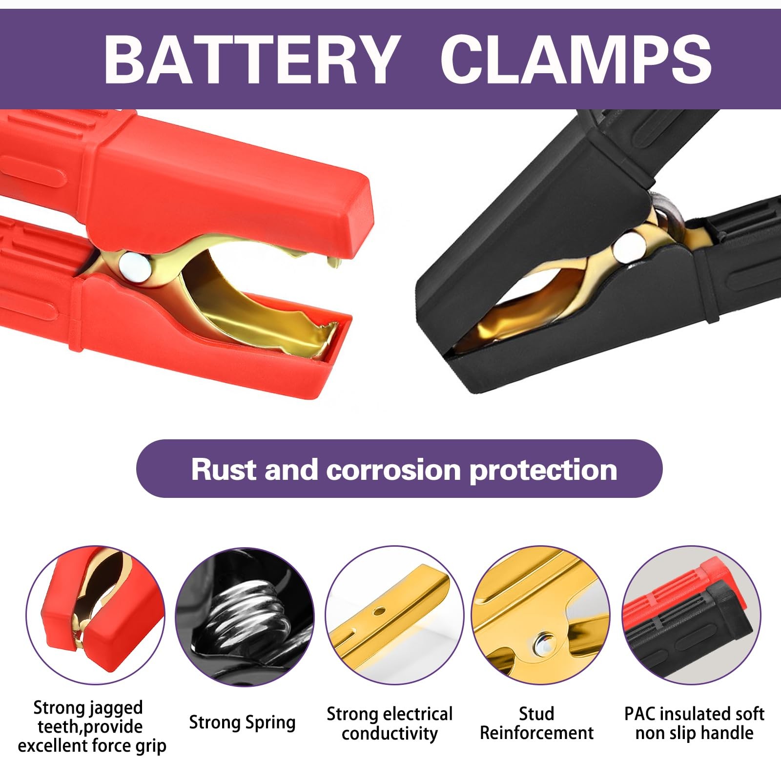 2PCS Jumper Cable Clamps Pure Copper Battery Charger Clamps Heavy Duty Jumper...