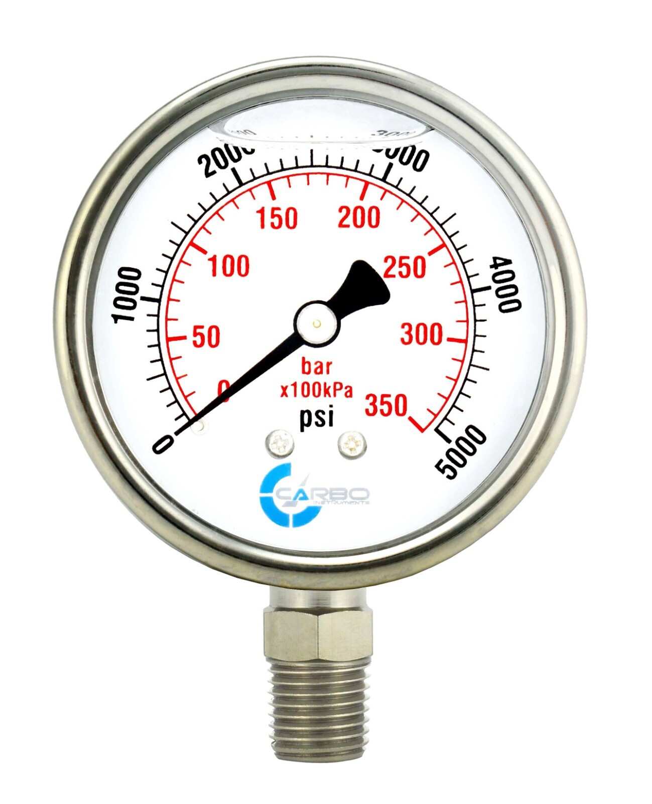 2-1/2" Pressure Gauge, Stainless Steel Case, Liquid Filled, Lower Mnt 5000 PSI