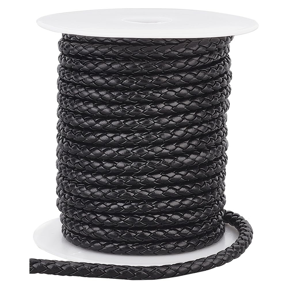 PH PandaHall 10.9 Yards Braided Leather Cord 5mm Round PU Strap Black