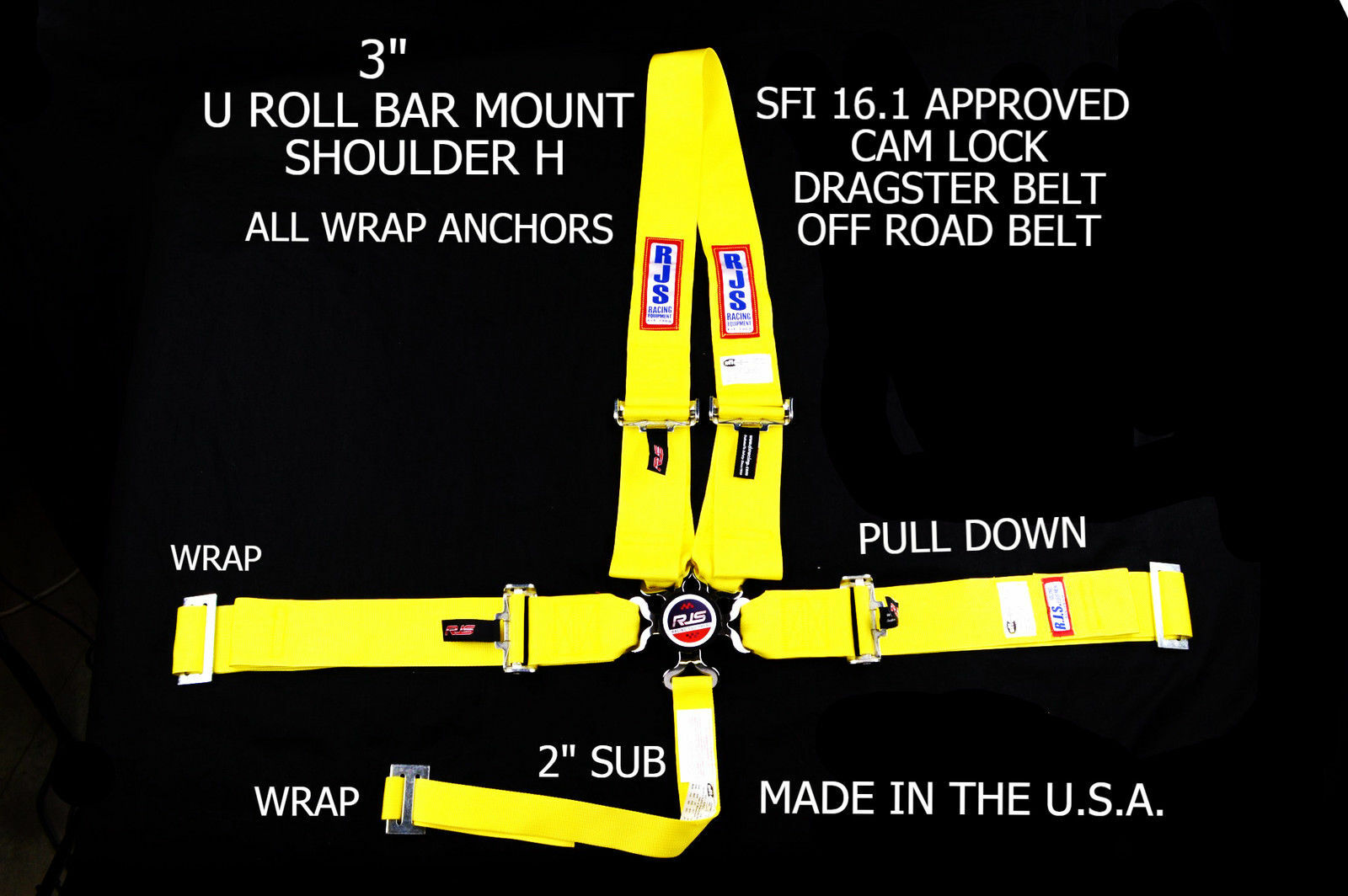RJS RACING SFI 16.1 CAM LOCK DRAGSTER HARNESS U ROLL BAR YELLOW 1029506