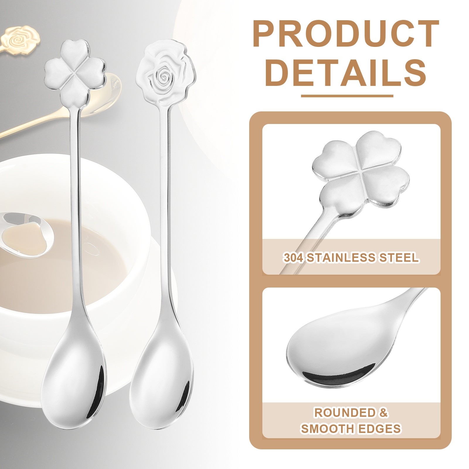 4pcs Coffee Spoons, Rose/Four Leaf Grass Tea Spoons Stainless Steel, Silver