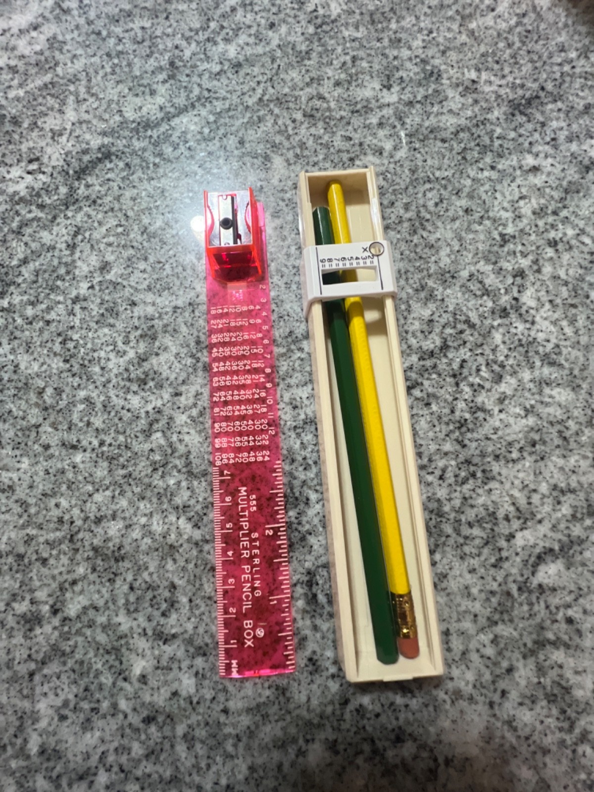 Vintage Sterling Multiplier Pencil Box, Sharpener & Ruler new clear tan white