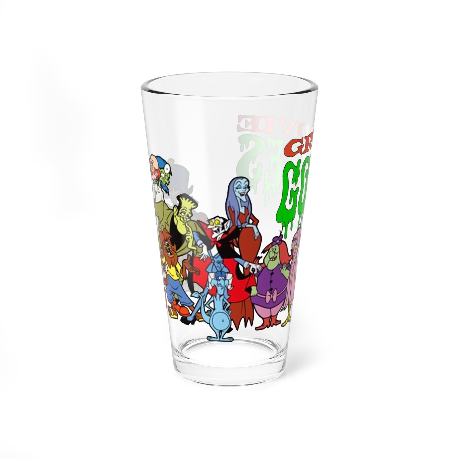 Groovie Goolies Pint Glass, 16oz - 70s Filmation Cartoon - Drac, Frankie, Wolfie