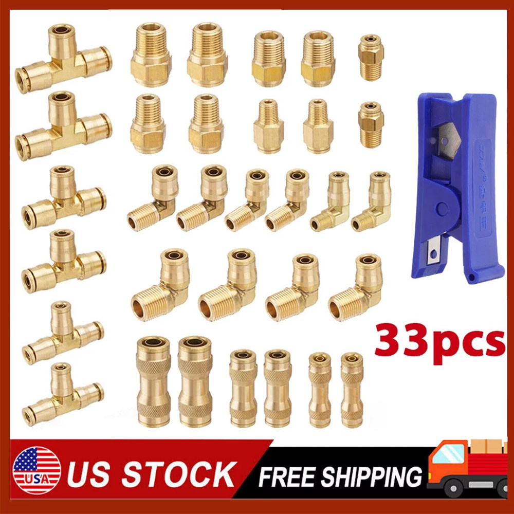 33 DOT Air Brake Line Fittings 1/4" 3/8" 1/2" Push to Connect Fitting Assortment