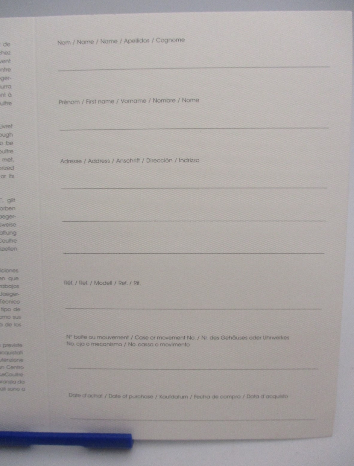 Jaeger LeCoultre Watch Guarantee Certificate Certificat de Garantie Blank Label